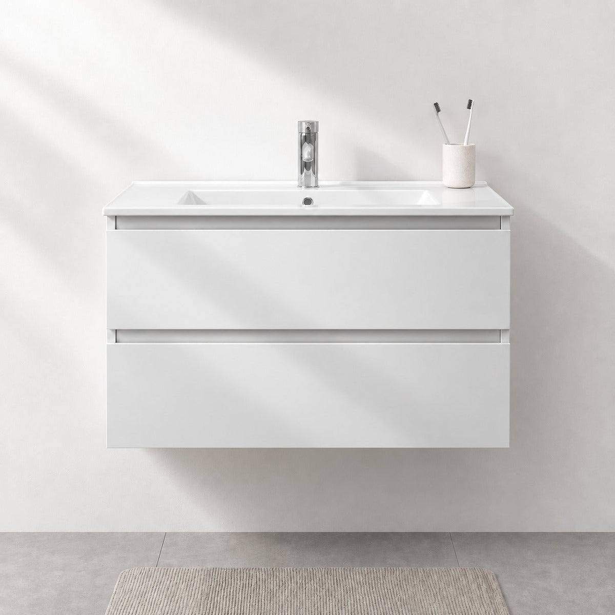 Bathroom furniture with classic integrated fronts - 90x46x50 cm - matt white - ceramic basin - Kenwood - MASTERSTORE - 8595677181081 - Vanity Units - 80-090-04-01-01 - 8595677181081