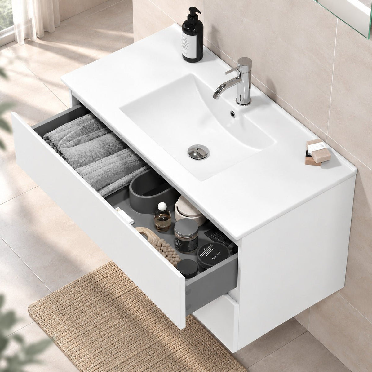 Bathroom furniture with classic integrated fronts - 90x46x50 cm - matt white - ceramic basin - Kenwood - MASTERSTORE - 8595677181081 - Vanity Units - 80-090-04-01-01 - 8595677181081