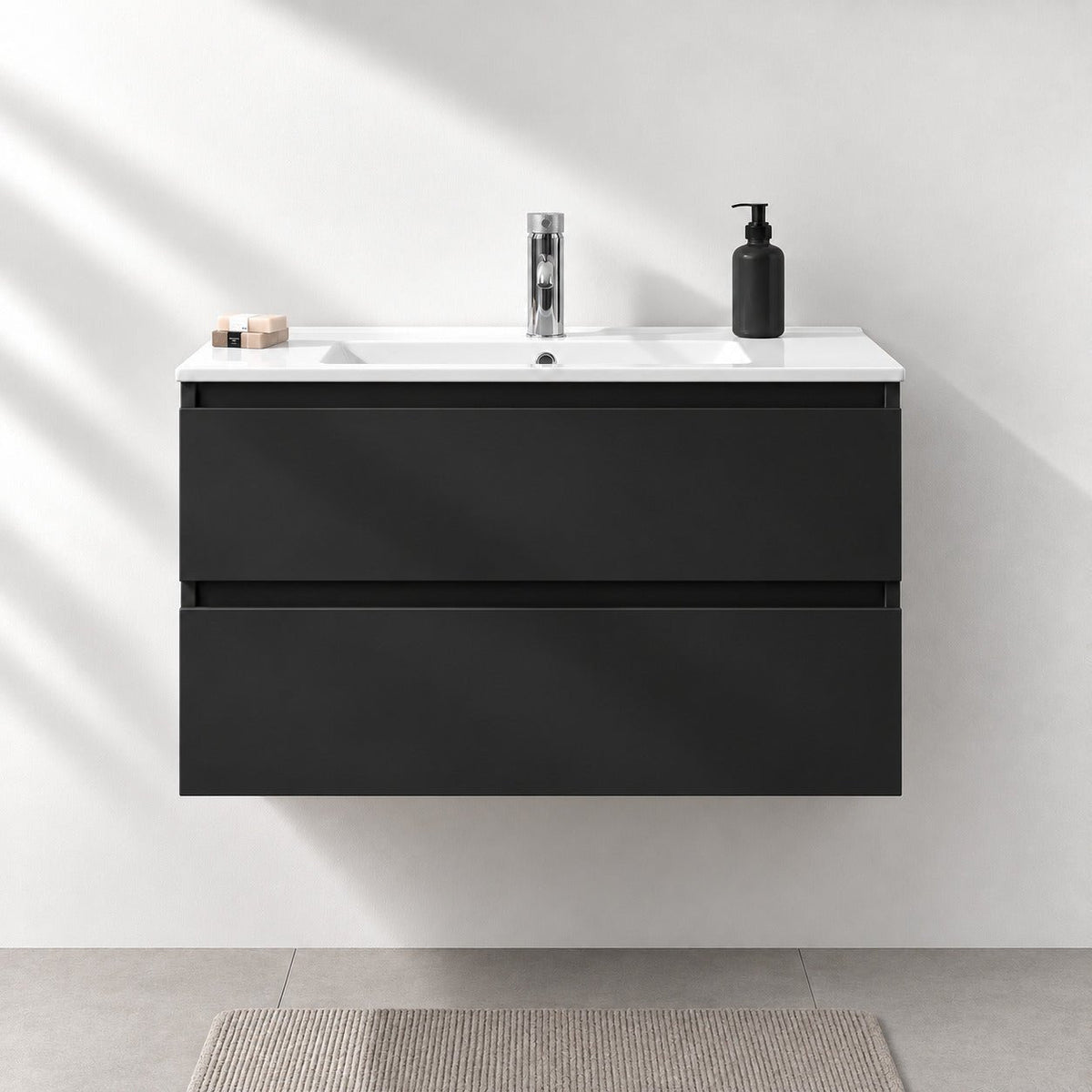 Bathroom furniture with classic integrated fronts - 90x46x50 cm - matt black - ceramic basin - Kenwood - MASTERSTORE - 8595677181098 - Vanity Units - 80-090-04-02-01 - 8595677181098