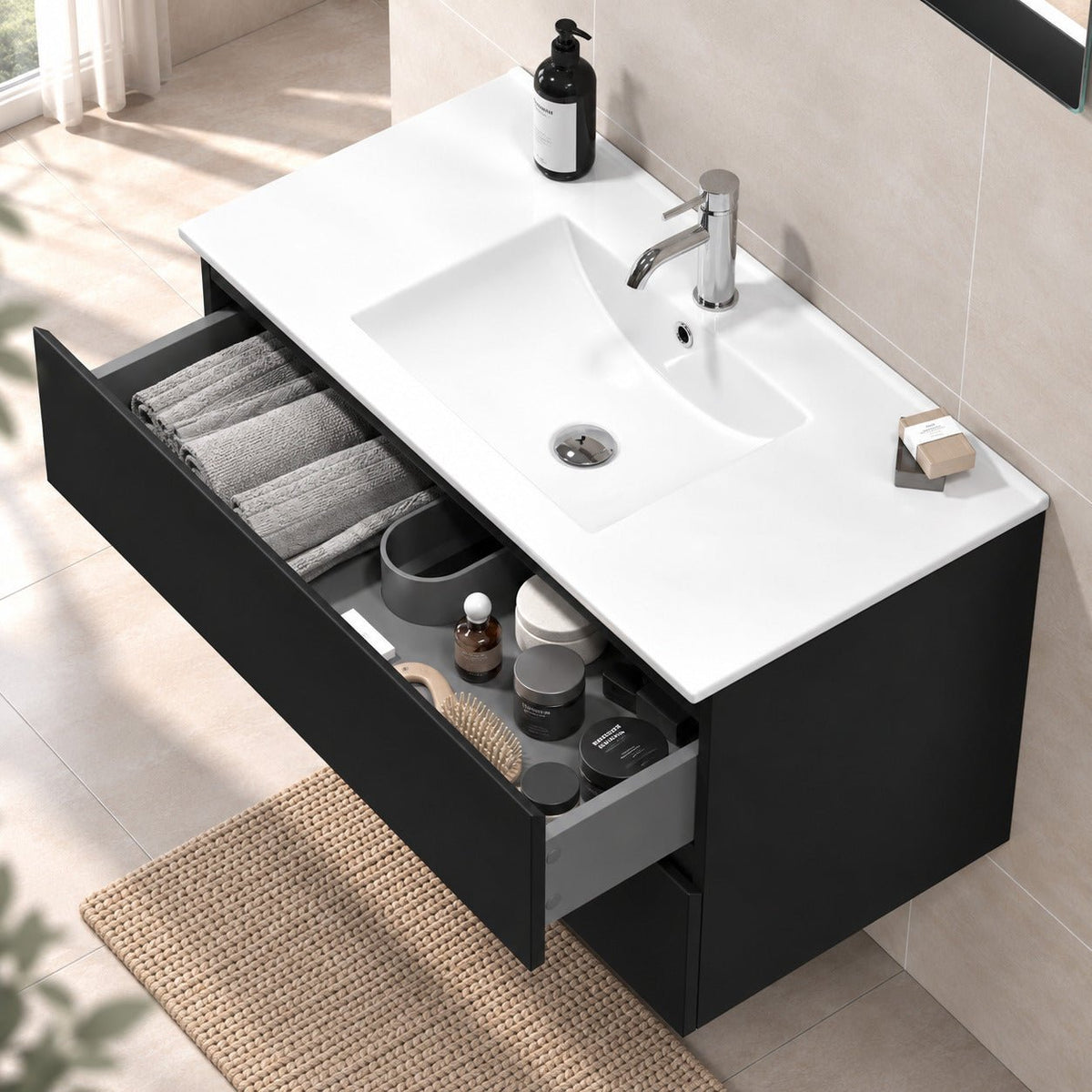 Bathroom furniture with classic integrated fronts - 90x46x50 cm - matt black - ceramic basin - Kenwood - MASTERSTORE - 8595677181098 - Vanity Units - 80-090-04-02-01 - 8595677181098