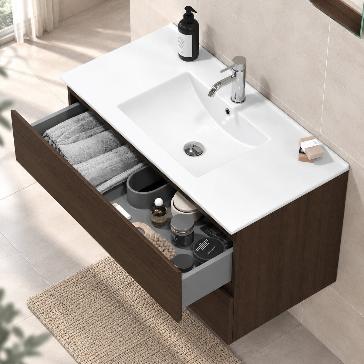 Bathroom furniture with classic integrated fronts - 90x46x50 cm - walnut - ceramic basin - Kenwood - MASTERSTORE - 8595677181111 - Vanity Units - 80-090-04-84-01 - 8595677181111