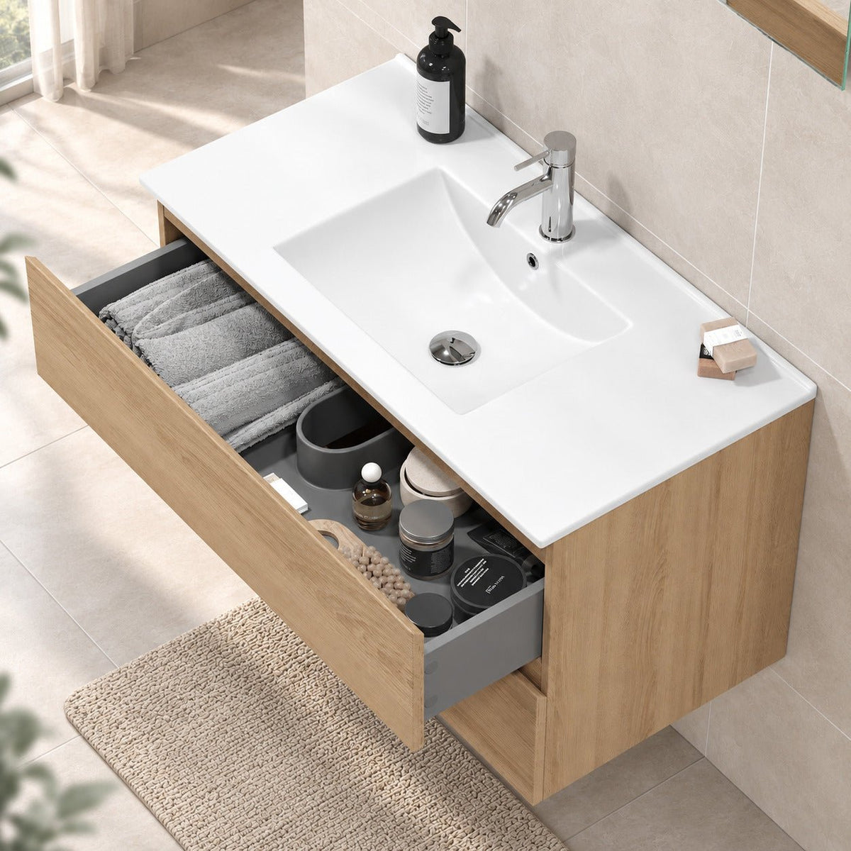 Bathroom furniture with classic integrated fronts - 90x46x50 cm - oak - ceramic basin - Kenwood - MASTERSTORE - 8595677181104 - Vanity Units - 80-090-04-86-01 - 8595677181104