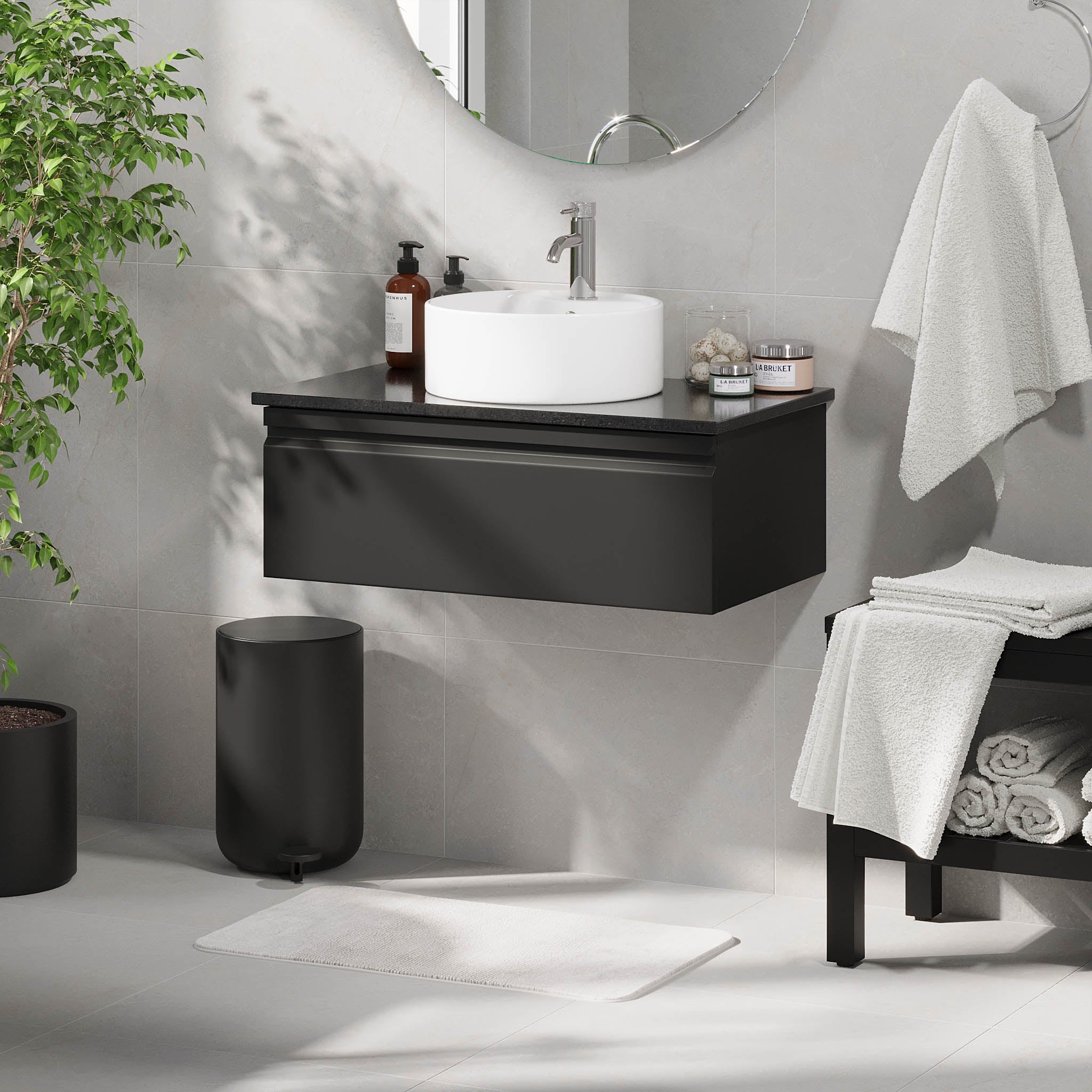 Mirage Badrumsmöbel med svart bänkskiva, Matt Svart - Tvättställsskåp - BATH DELUXE - PRESTIGE - 89 - 080 - 03 - 02 - 41 - BATHDELUXE SWEDEN