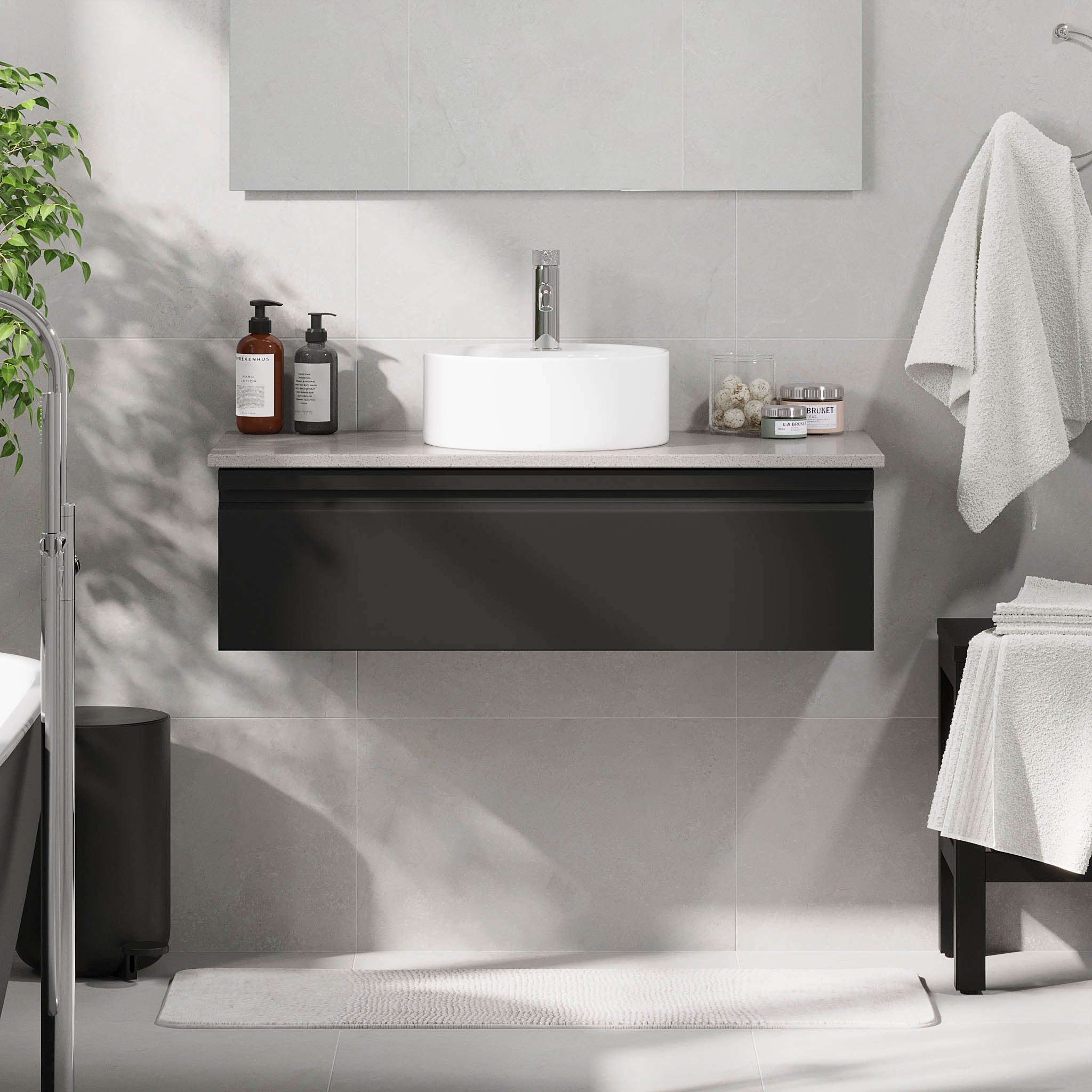 Mirage Badrumsmöbel med grå bänkskiva, Matt Svart - Tvättställsskåp - BATH DELUXE - PRESTIGE - 89 - 100 - 03 - 02 - 40 - BATHDELUXE SWEDEN