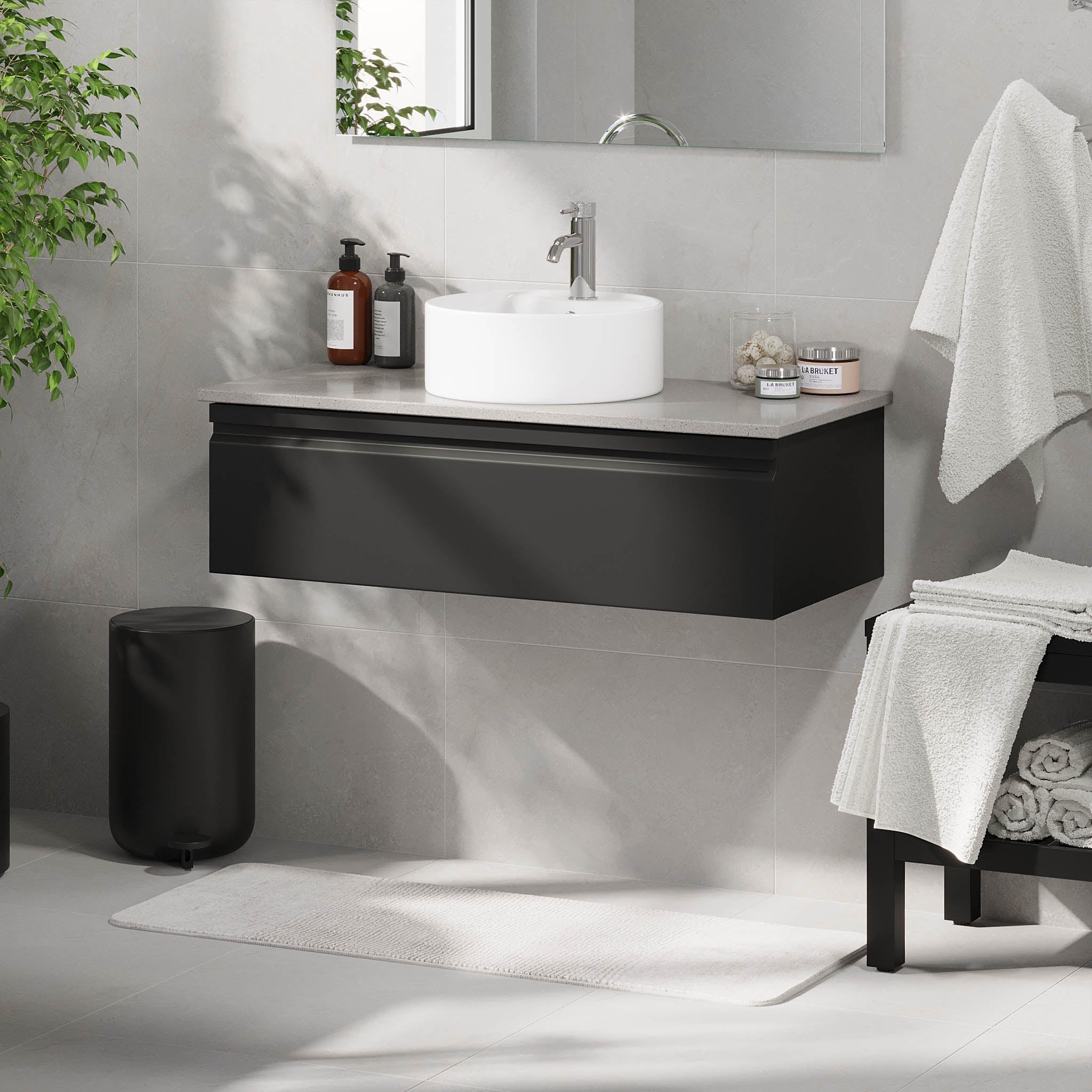 Mirage Badrumsmöbel med grå bänkskiva, Matt Svart - Tvättställsskåp - BATH DELUXE - PRESTIGE - 89 - 100 - 03 - 02 - 40 - BATHDELUXE SWEDEN