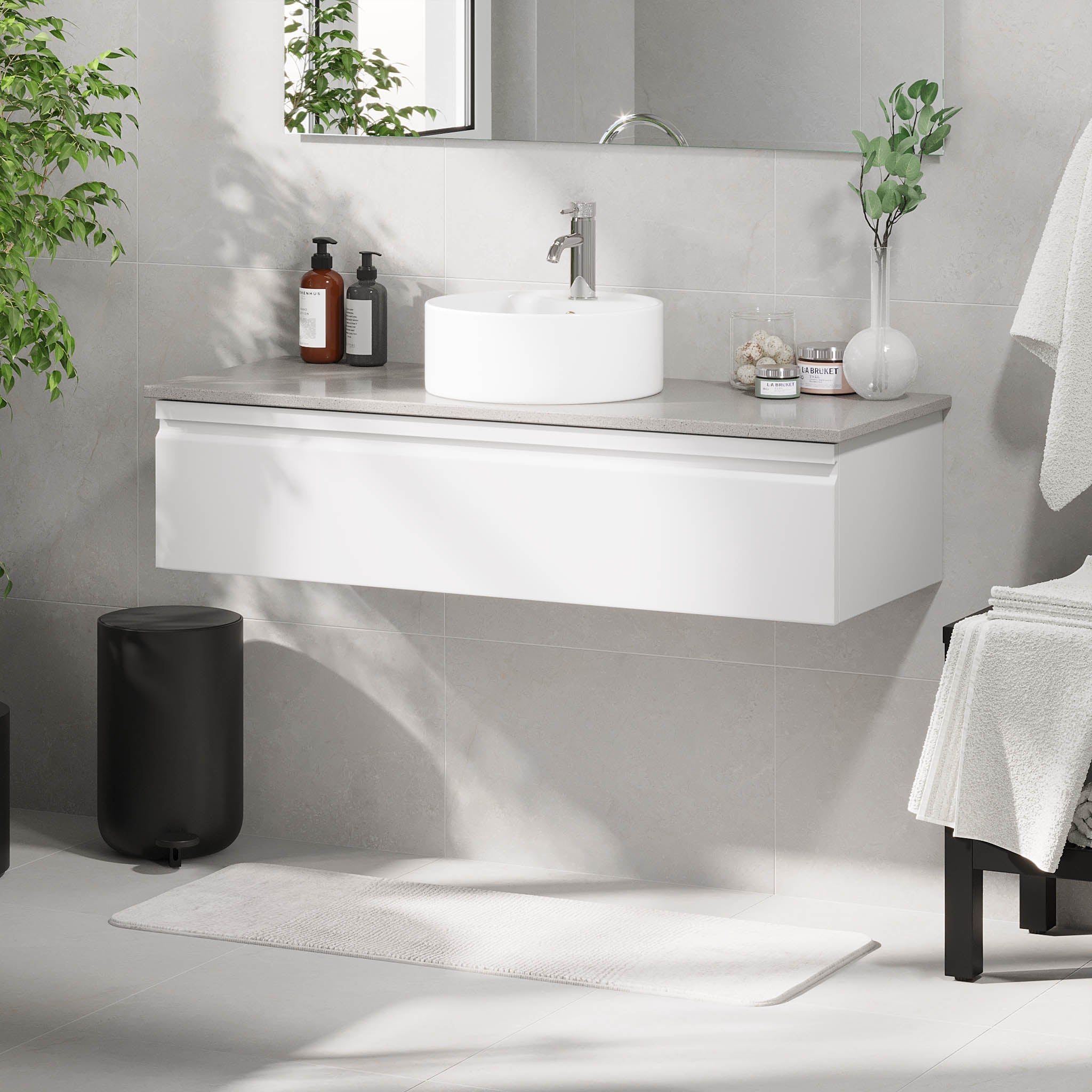 Mirage Badrumsmöbel med grå bänkskiva, Matt Vit - Tvättställsskåp - BATH DELUXE - PRESTIGE - 89 - 120 - 03 - 01 - 40 - BATHDELUXE SWEDEN