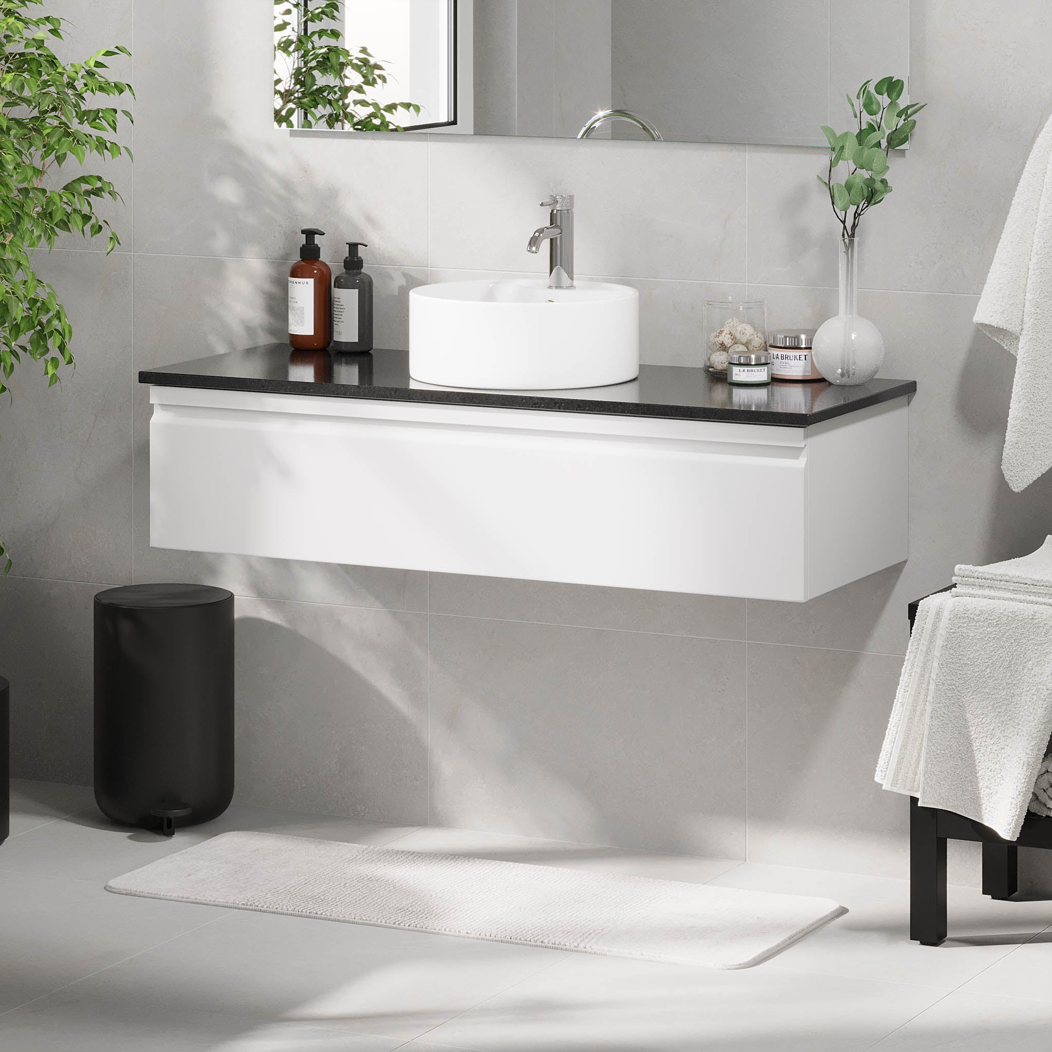 Mirage Badrumsmöbel med svart bänkskiva, Matt Vit - Tvättställsskåp - BATH DELUXE - PRESTIGE - 89 - 120 - 03 - 01 - 43 - BATHDELUXE SWEDEN