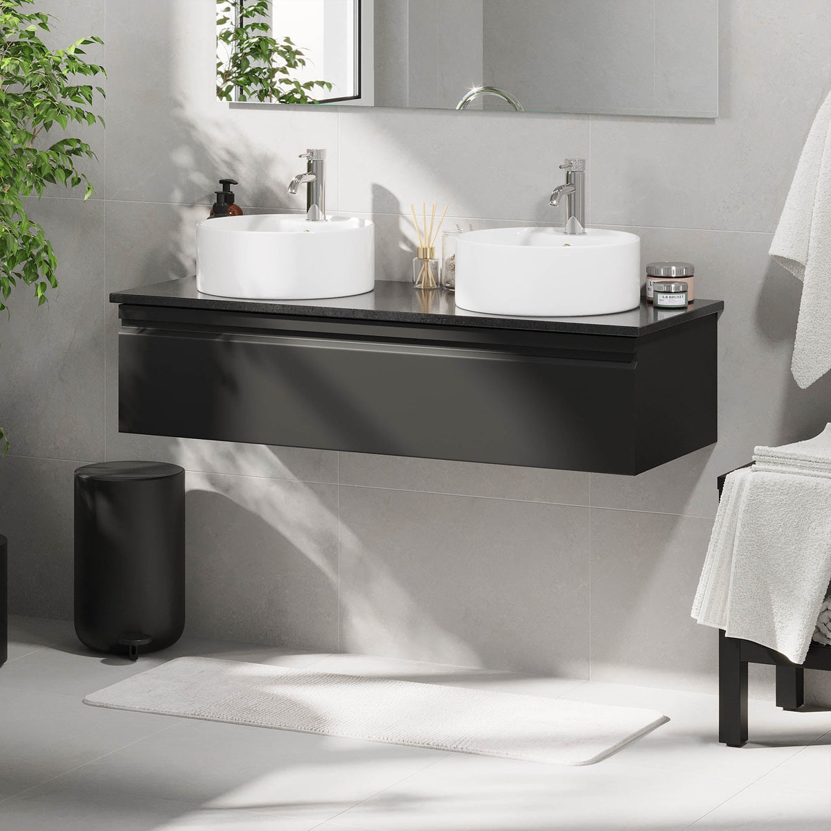 Badrumskommod med modern integrerad front - 120x46x69 cm - Mattsvart - Svart bänkskiva i kvartssten med fristående Porslin tvättställ - Mirage - Tvättställsskåp - Bath Deluxe - 89-120-03-02-45 - BATHDELUXE SWEDEN