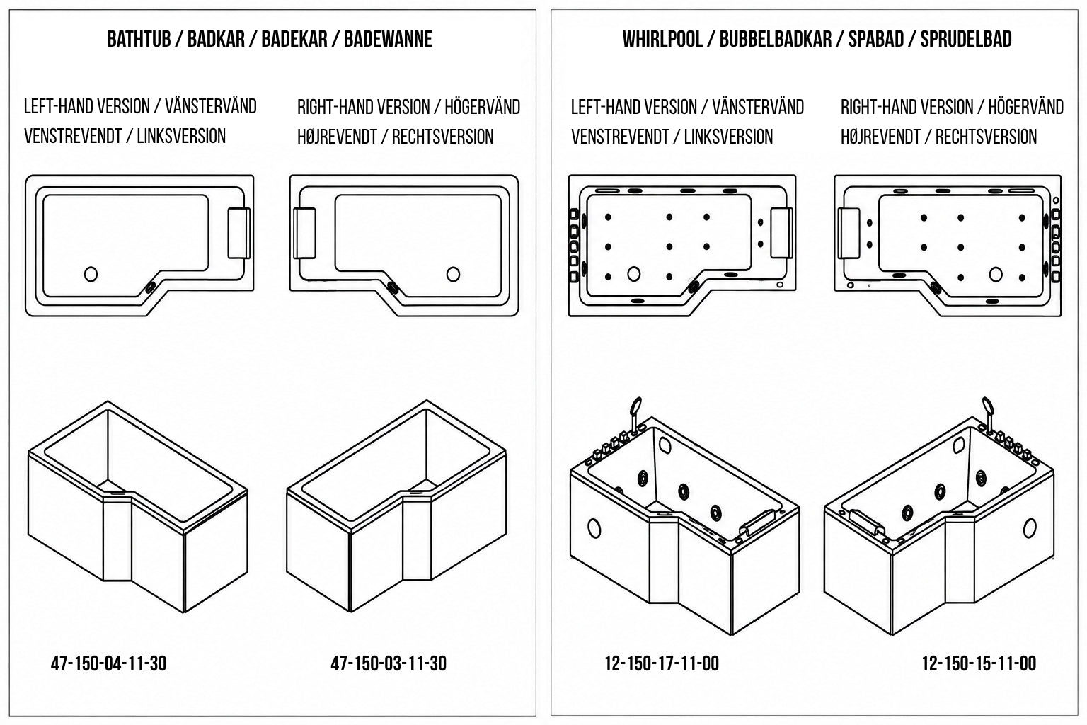Asymmetriskt bubbelbadkar – luft- och hydromassage – 150x85x63 cm – högerutförande – med värmare – vit – Svensmarke