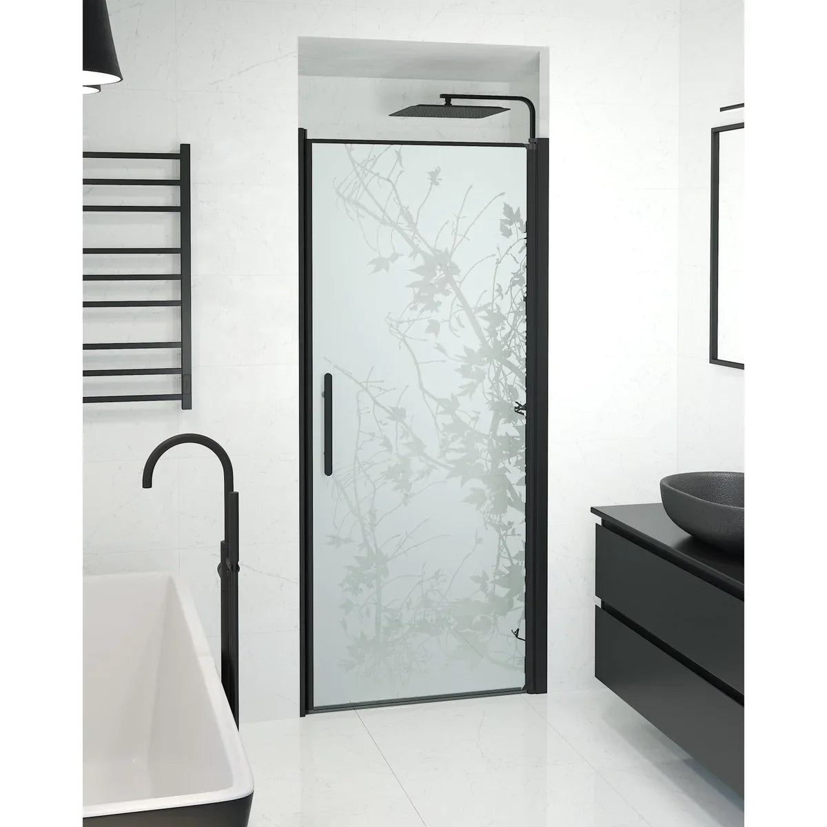 Vänern Niche Duschdörr, Frostat Decor Glas, Svart Profil
