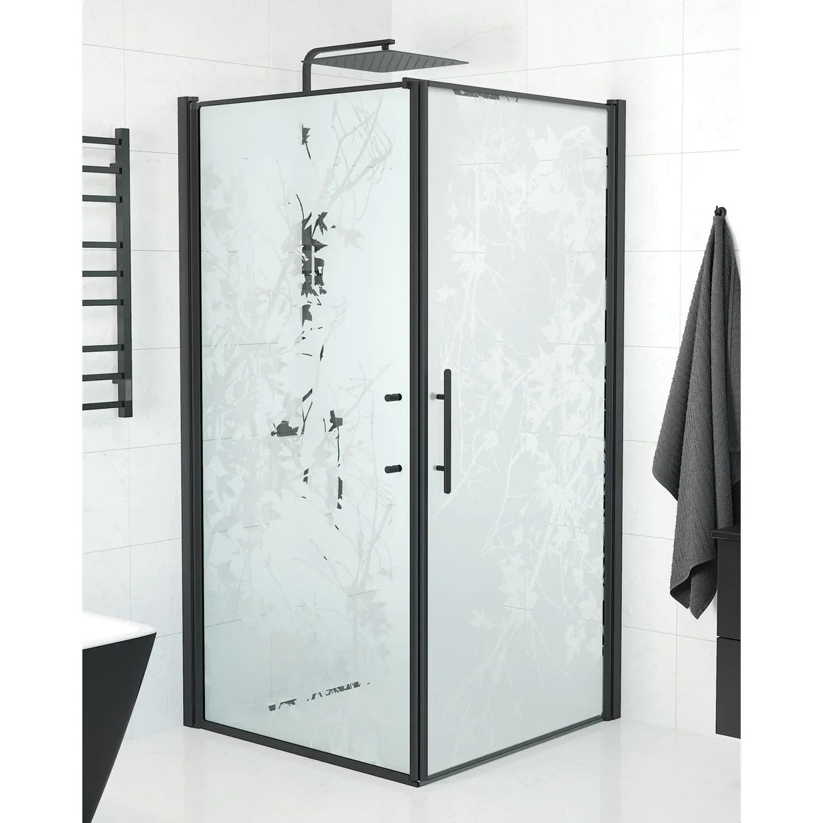 Vänern Duschhörn, Dörr + Vägg, Frostat Decor Glas, Svart Profil