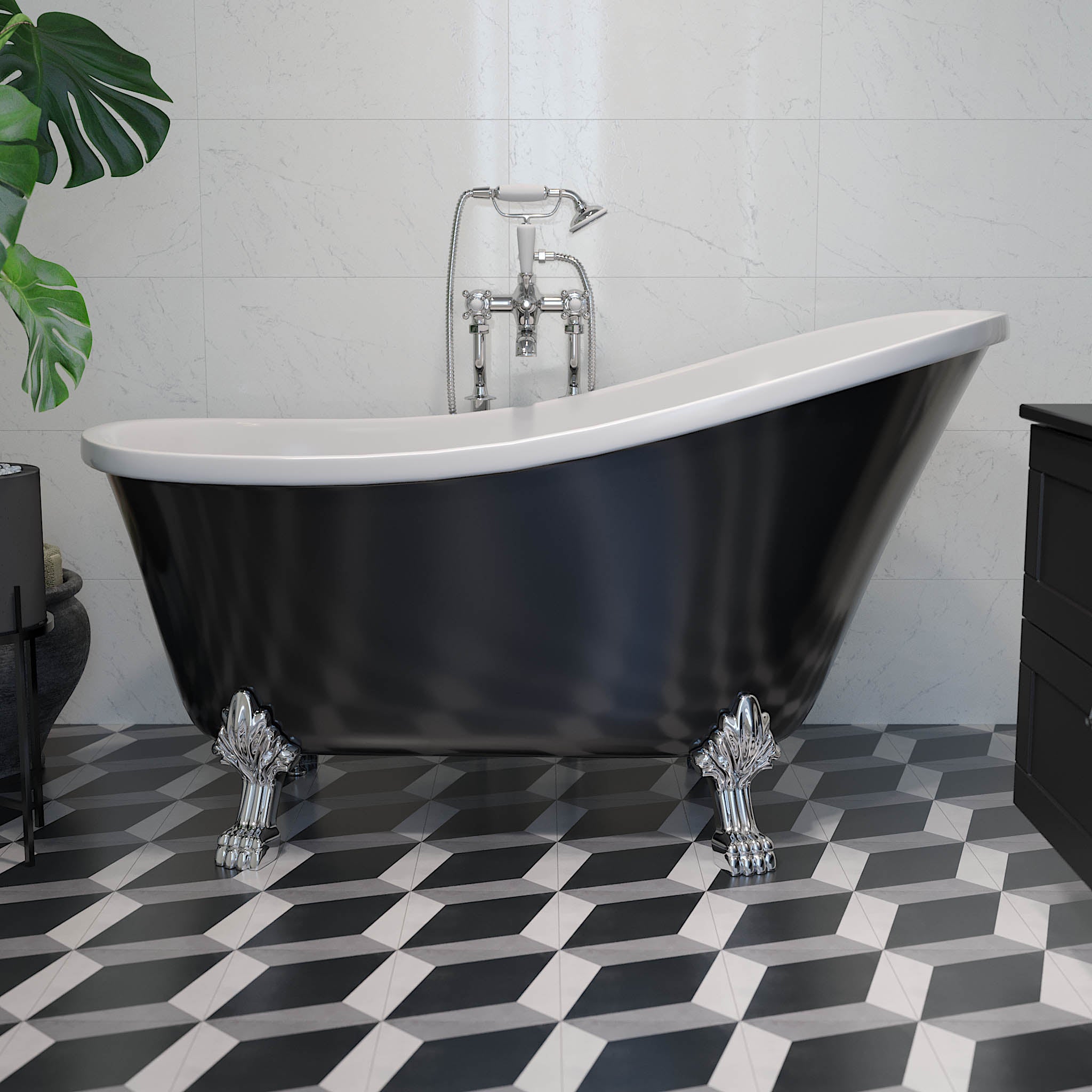 Svinkløv Tassbadkar 150 cm med Lejontassar, Svart Högblank - Fristående Badkar - BATH DELUXE - EXCLUSIVE - 47 - 150 - 65 - 60 - 42 - BATHDELUXE SWEDEN