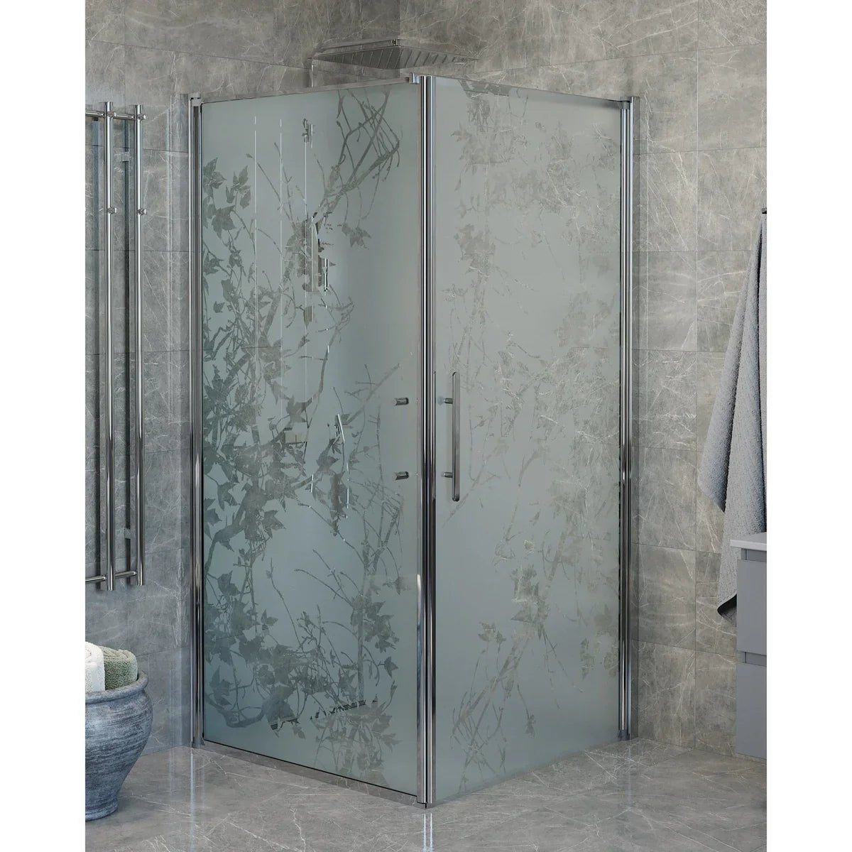 Vänern Duschhörn, Dörr + Vägg, Frostat Decor Glas, Krom Profil - Duschhörna - BATH DELUXE - PRESTIGE - 40 - 101 - 01 - 54 - 00 - BATHDELUXE SWEDEN