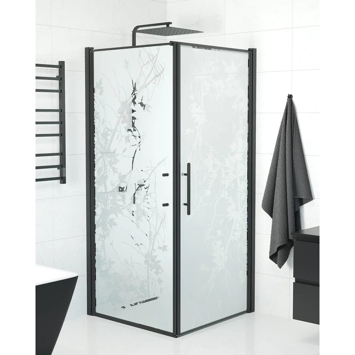 Vänern Duschhörn, Dörr + Vägg, Frostat Decor Glas, Svart Profil - Duschhörna - BATH DELUXE - PRESTIGE - 40 - 101 - 00 - 54 - 00 - BATHDELUXE SWEDEN