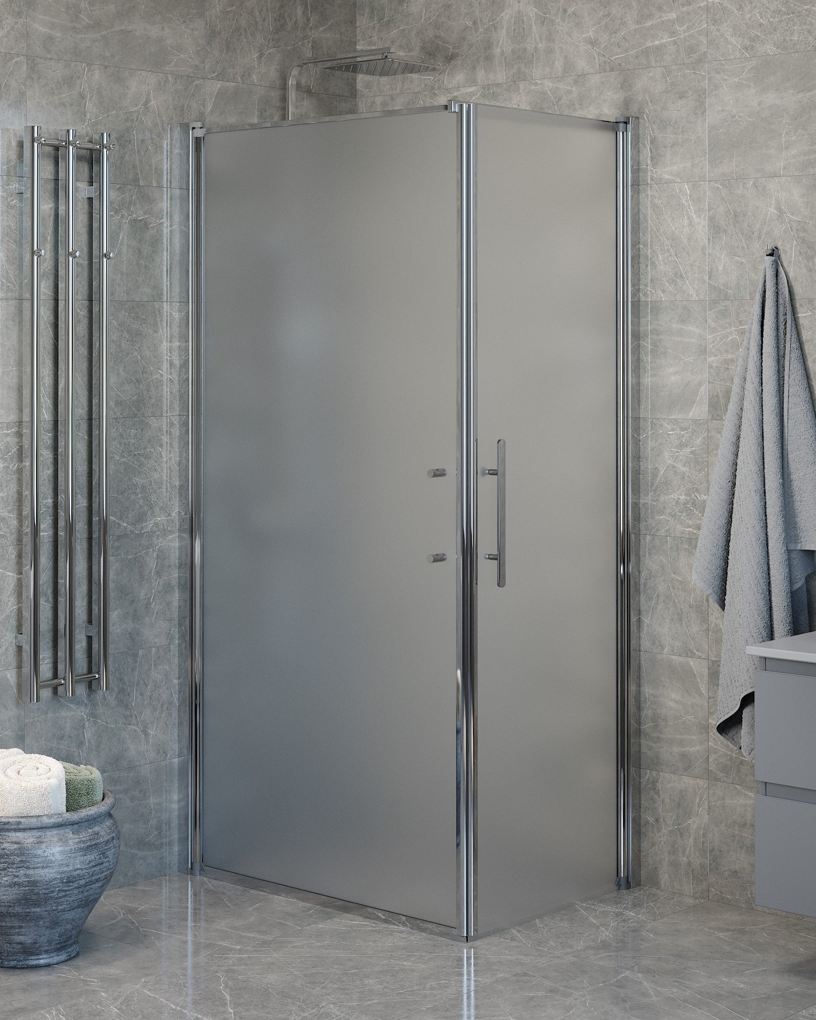 Vänern Duschhörn, Dörr + Vägg, Frostat Glas, Krom Profil - Duschhörna - BATH DELUXE - PRESTIGE - 40 - 107 - 01 - 55 - 00 - BATHDELUXE SWEDEN