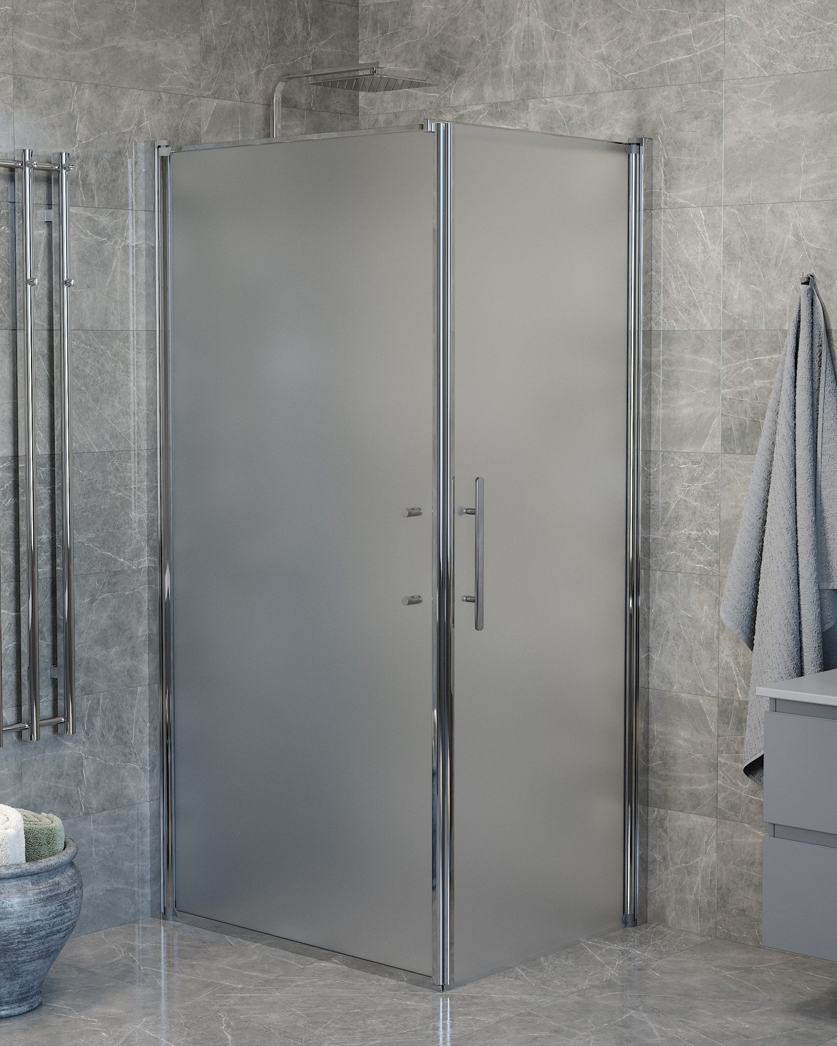 Vänern Duschhörn, Dörr + Vägg, Frostat Glas, Krom Profil - Duschhörna - BATH DELUXE - PRESTIGE - 40 - 108 - 01 - 55 - 00 - BATHDELUXE SWEDEN