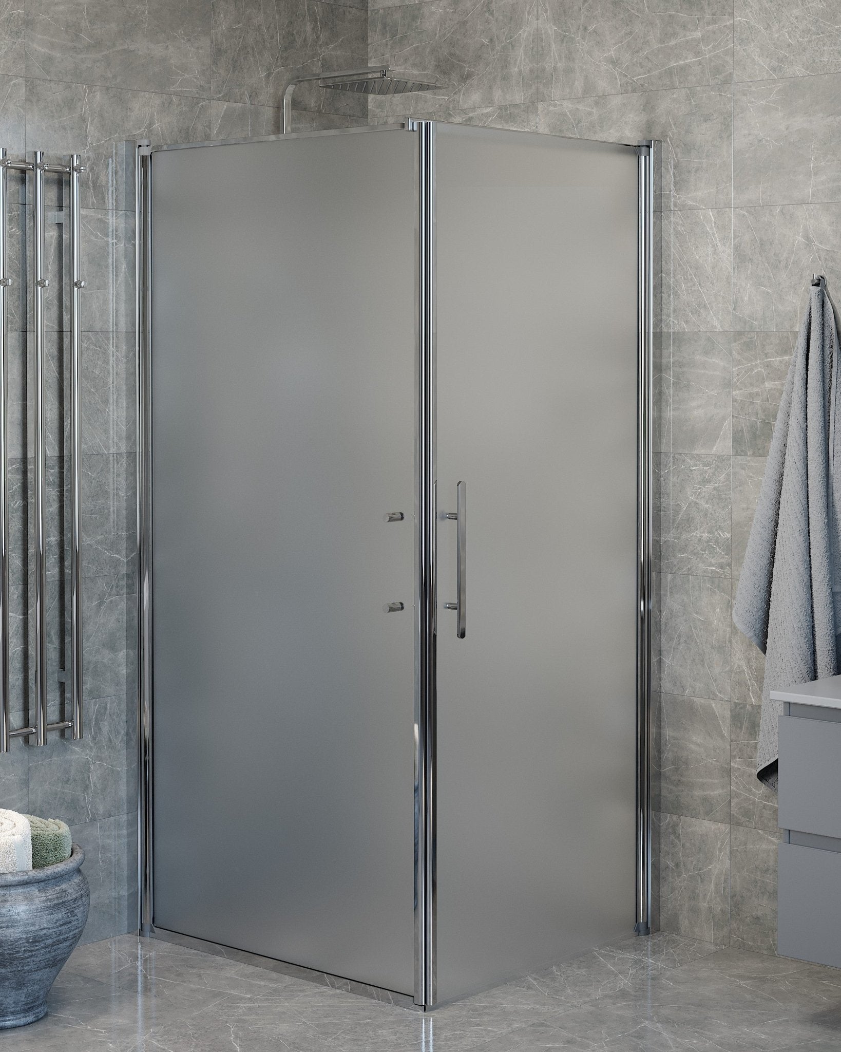 Vänern Duschhörn, Dörr + Vägg, Frostat Glas, Krom Profil - Duschhörna - BATH DELUXE - PRESTIGE - 40 - 109 - 01 - 55 - 00 - BATHDELUXE SWEDEN
