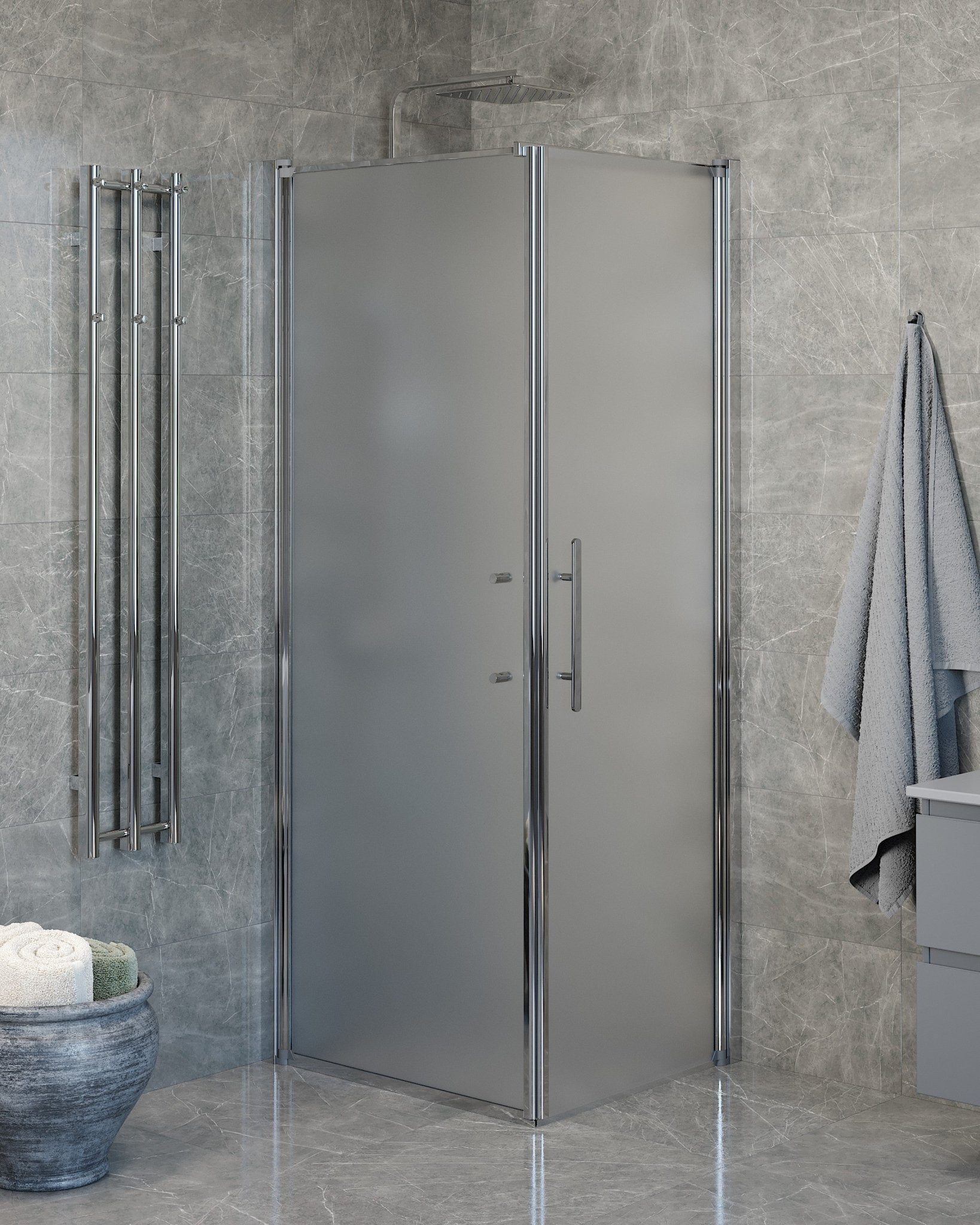 Vänern Duschhörn, Dörr + Vägg, Frostat Glas, Krom Profil - Duschhörna - BATH DELUXE - PRESTIGE - 40 - 807 - 01 - 55 - 00 - BATHDELUXE SWEDEN