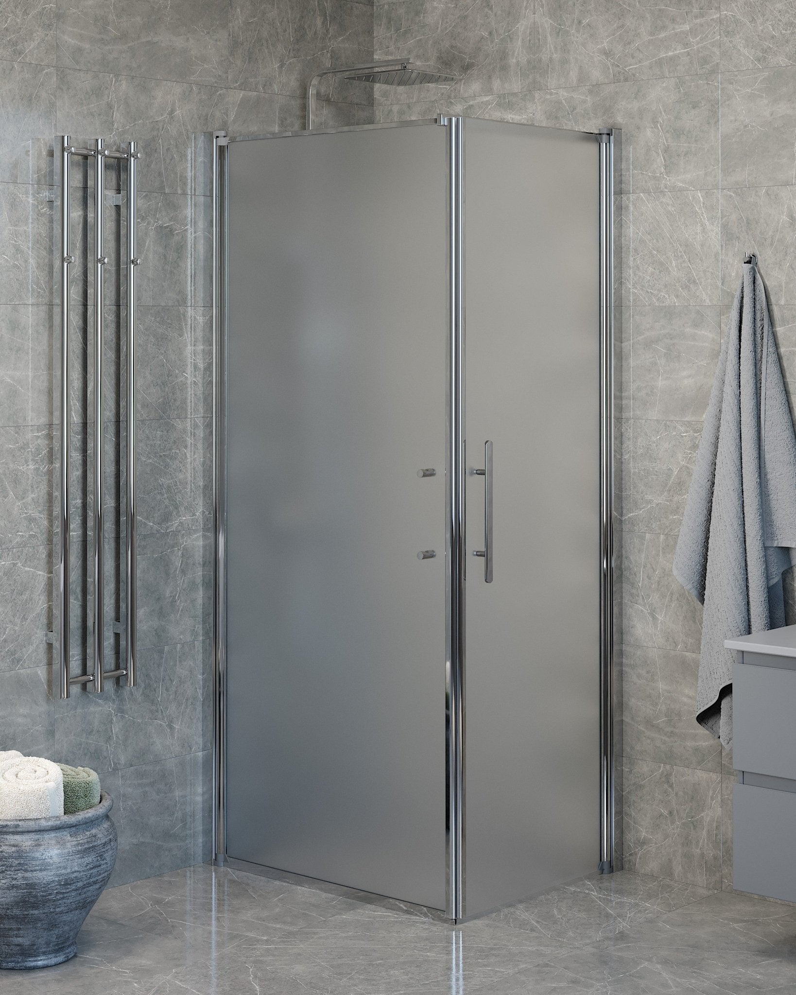 Vänern Duschhörn, Dörr + Vägg, Frostat Glas, Krom Profil - Duschhörna - BATH DELUXE - PRESTIGE - 40 - 907 - 01 - 55 - 00 - BATHDELUXE SWEDEN