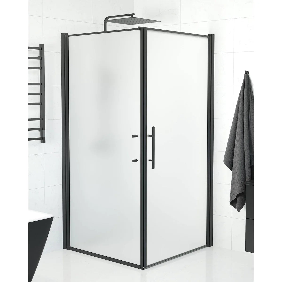 Vänern Duschhörn, Dörr + Vägg, Frostat Glas, Svart Profil - Duschhörna - BATH DELUXE - PRESTIGE - 40 - 101 - 00 - 55 - 00 - BATHDELUXE SWEDEN