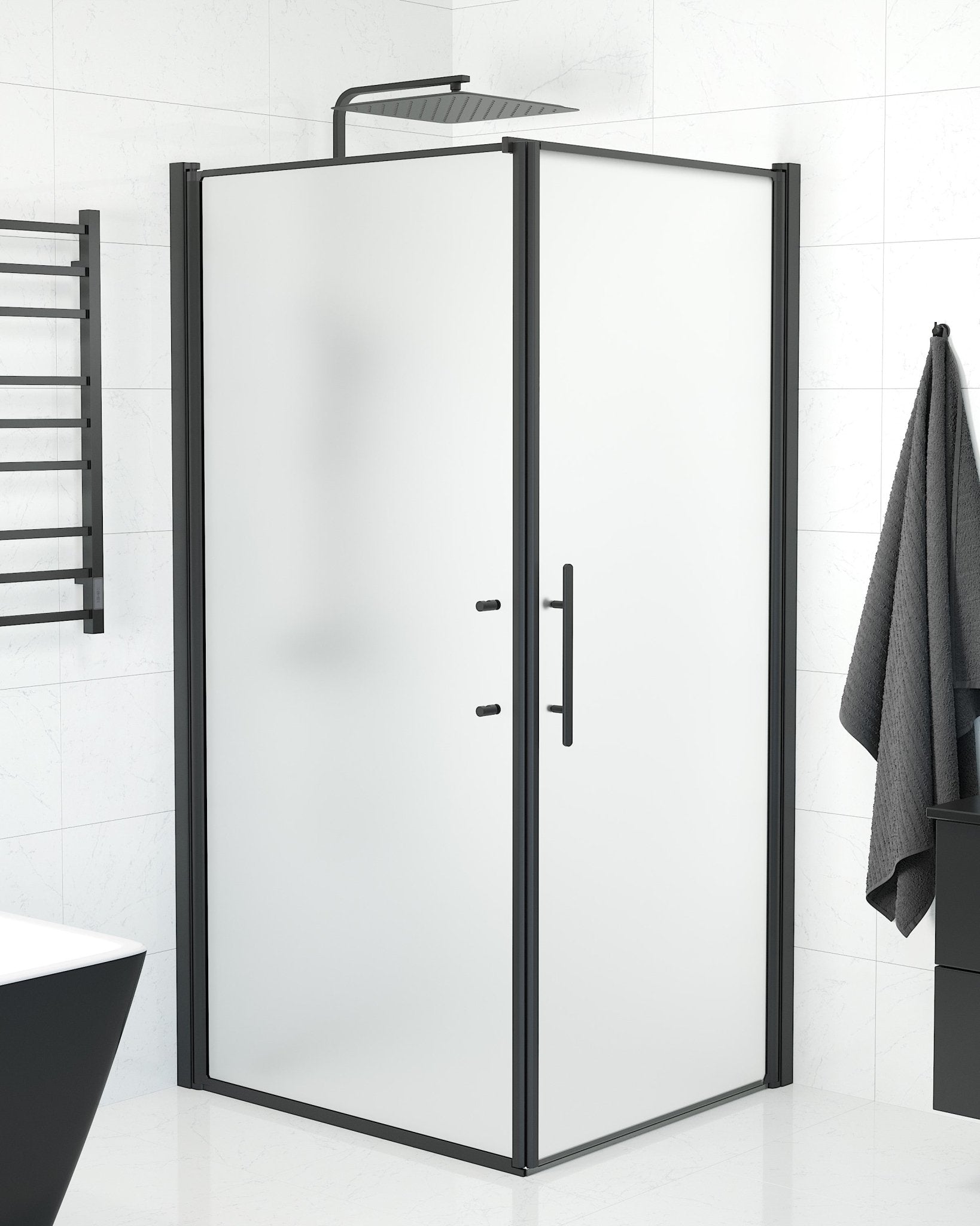 Vänern Duschhörn, Dörr + Vägg, Frostat Glas, Svart Profil - Duschhörna - BATH DELUXE - PRESTIGE - 40 - 109 - 00 - 55 - 00 - BATHDELUXE SWEDEN