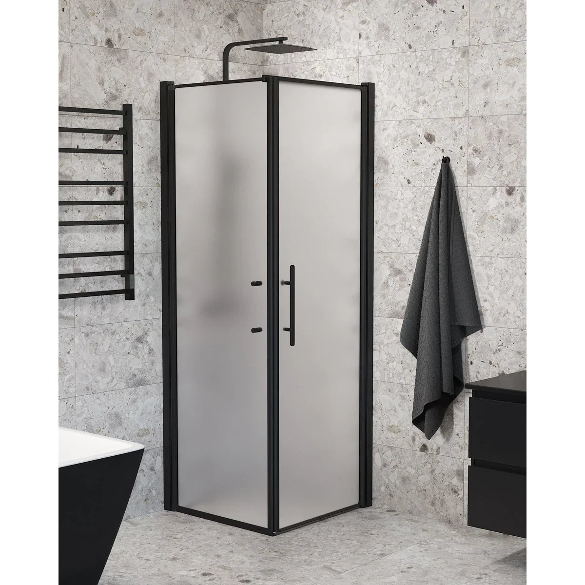 Vänern Duschhörn, Dörr + Vägg, Frostat Glas, Svart Profil - Duschhörna - BATH DELUXE - PRESTIGE - 40 - 707 - 00 - 55 - 00 - BATHDELUXE SWEDEN