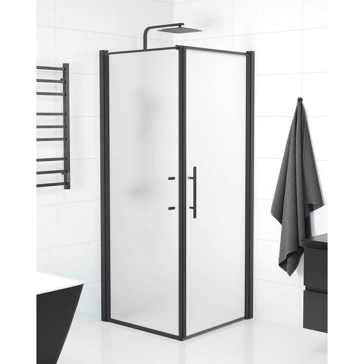 Vänern Duschhörn, Dörr + Vägg, Frostat Glas, Svart Profil - Duschhörna - BATH DELUXE - PRESTIGE - 40 - 808 - 00 - 55 - 00 - BATHDELUXE SWEDEN