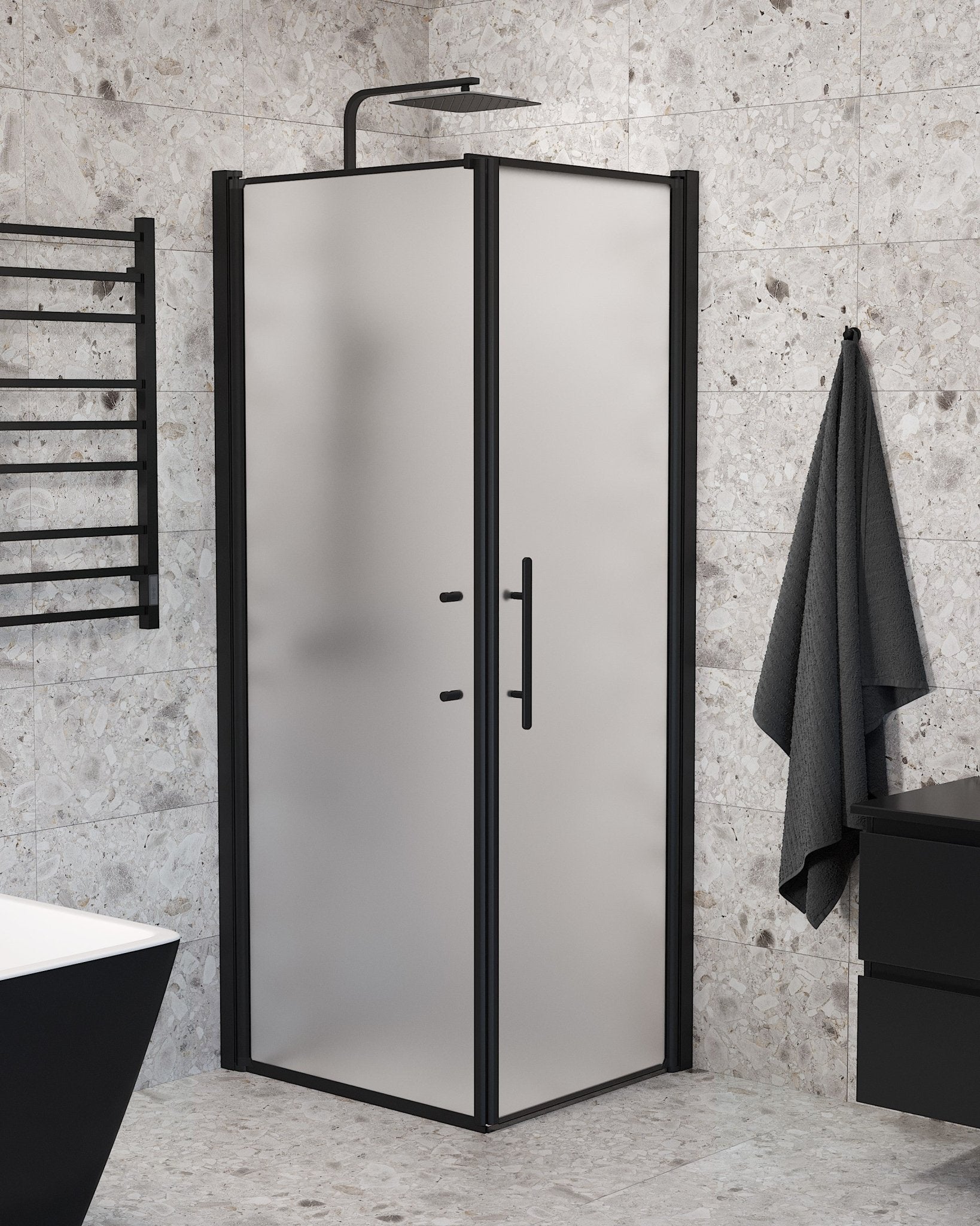 Vänern Duschhörn, Dörr + Vägg, Frostat Glas, Svart Profil - Duschhörna - BATH DELUXE - PRESTIGE - 40 - 907 - 00 - 55 - 00 - BATHDELUXE SWEDEN