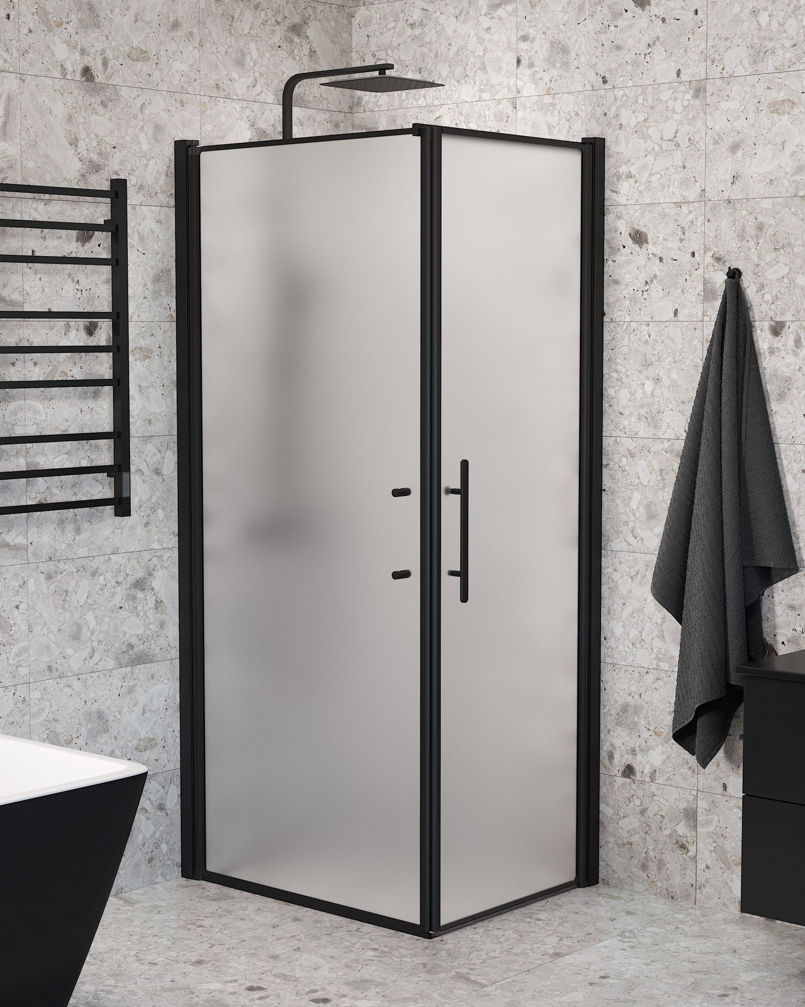 Vänern Duschhörn, Dörr + Vägg, Frostat Glas, Svart Profil - Duschhörna - BATH DELUXE - PRESTIGE - 40 - 907 - 00 - 55 - 00 - BATHDELUXE SWEDEN