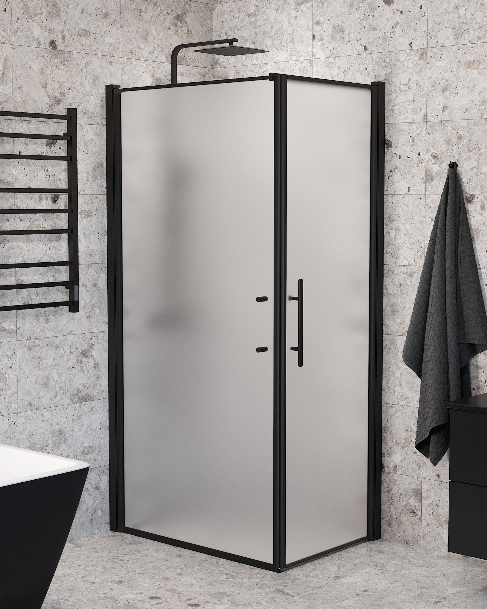 Vänern Duschhörn, Dörr + Vägg, Frostat Glas, Svart Profil - Duschhörna - BATH DELUXE - PRESTIGE - 40 - 907 - 00 - 55 - 00 - BATHDELUXE SWEDEN