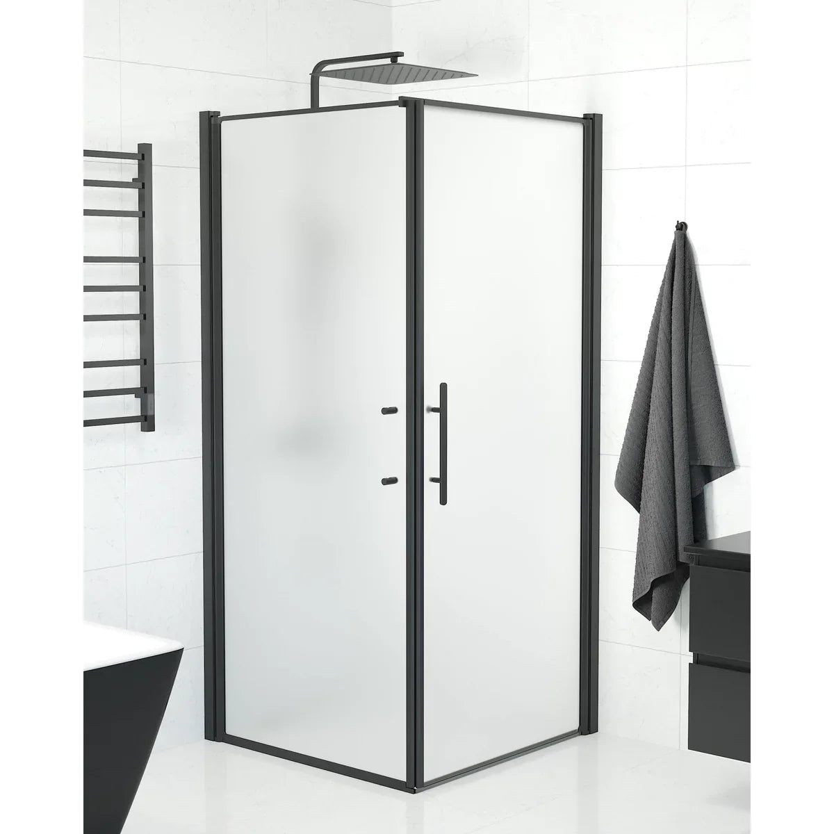 Vänern Duschhörn, Dörr + Vägg, Frostat Glas, Svart Profil - Duschhörna - BATH DELUXE - PRESTIGE - 40 - 909 - 00 - 55 - 00 - BATHDELUXE SWEDEN