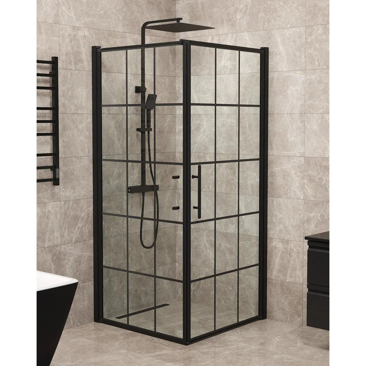Vänern Duschhörn, Dörr + Vägg, Klarglas med Spröjs, Svart Profil - Duschhörna - BATH DELUXE - PRESTIGE - 40 - 909 - 00 - 59 - 00 - BATHDELUXE SWEDEN
