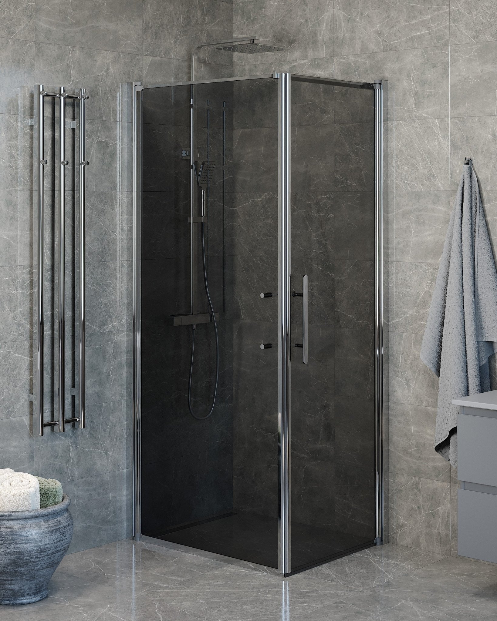 Vänern Duschhörn, Dörr + Vägg, Rökfärgat Glas, Krom Profil - Duschhörna - BATH DELUXE - PRESTIGE - 40 - 907 - 01 - 56 - 00 - BATHDELUXE SWEDEN