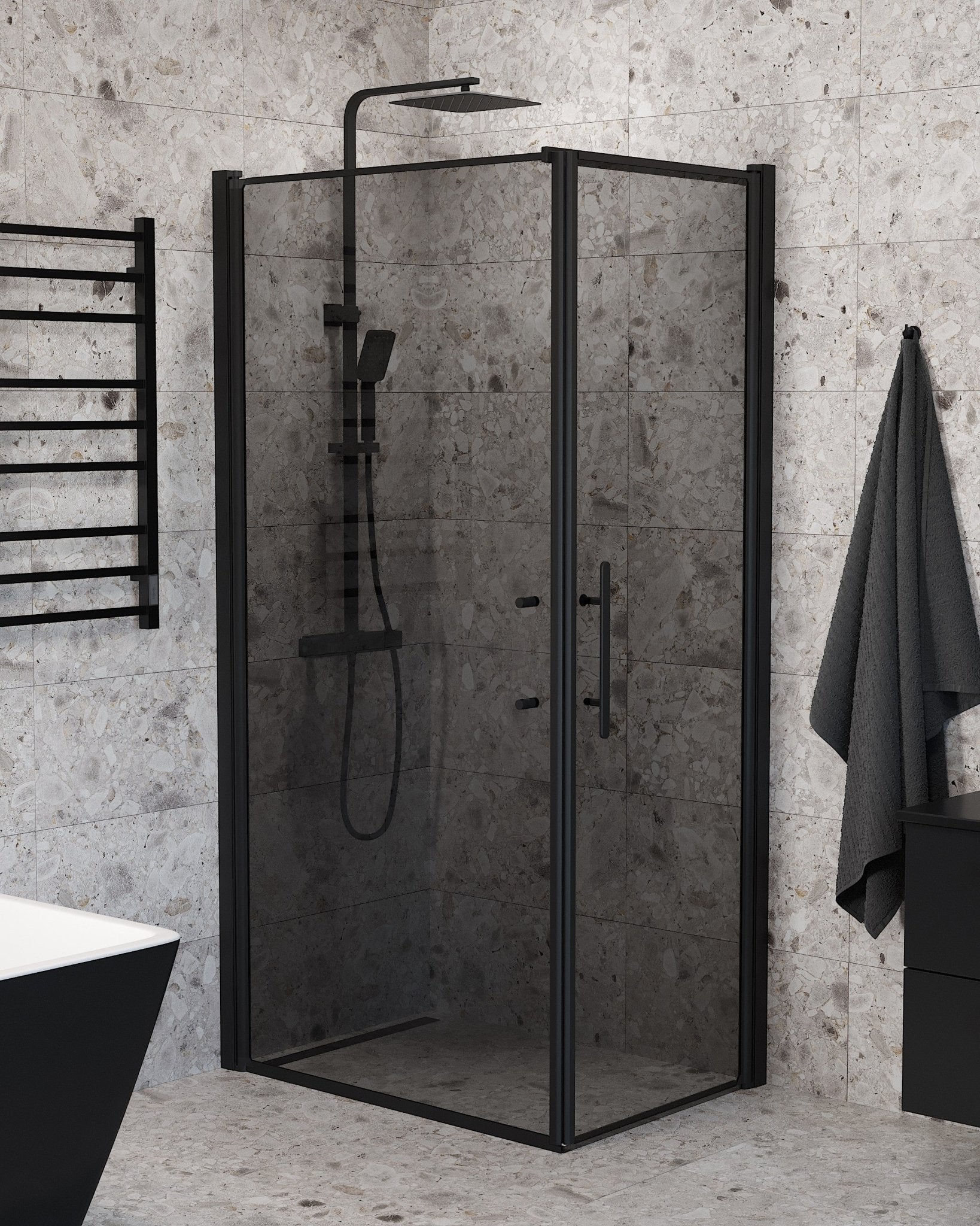 Vänern Duschhörn, Dörr + Vägg, Rökfärgat Glas, Svart Profil - Duschhörna - BATH DELUXE - PRESTIGE - 40 - 107 - 00 - 56 - 00 - BATHDELUXE SWEDEN