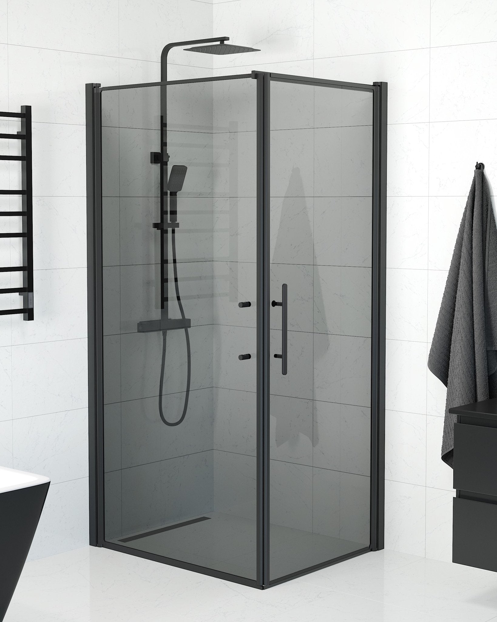 Vänern Duschhörn, Dörr + Vägg, Rökfärgat Glas, Svart Profil - Duschhörna - BATH DELUXE - PRESTIGE - 40 - 108 - 00 - 56 - 00 - BATHDELUXE SWEDEN