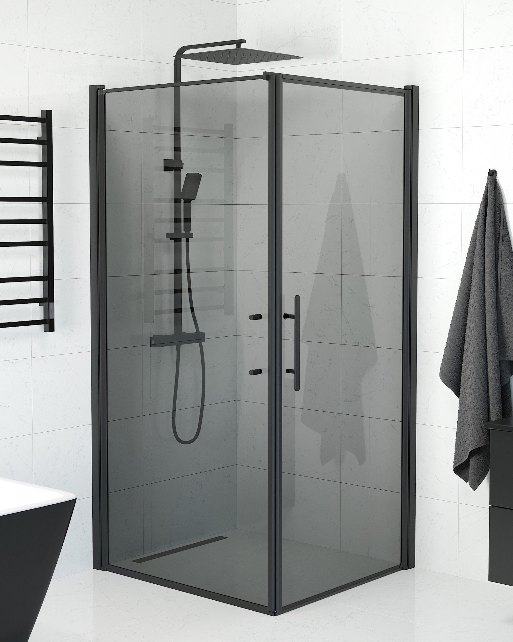 Vänern Duschhörn, Dörr + Vägg, Rökfärgat Glas, Svart Profil - Duschhörna - BATH DELUXE - PRESTIGE - 40 - 109 - 00 - 56 - 00 - BATHDELUXE SWEDEN