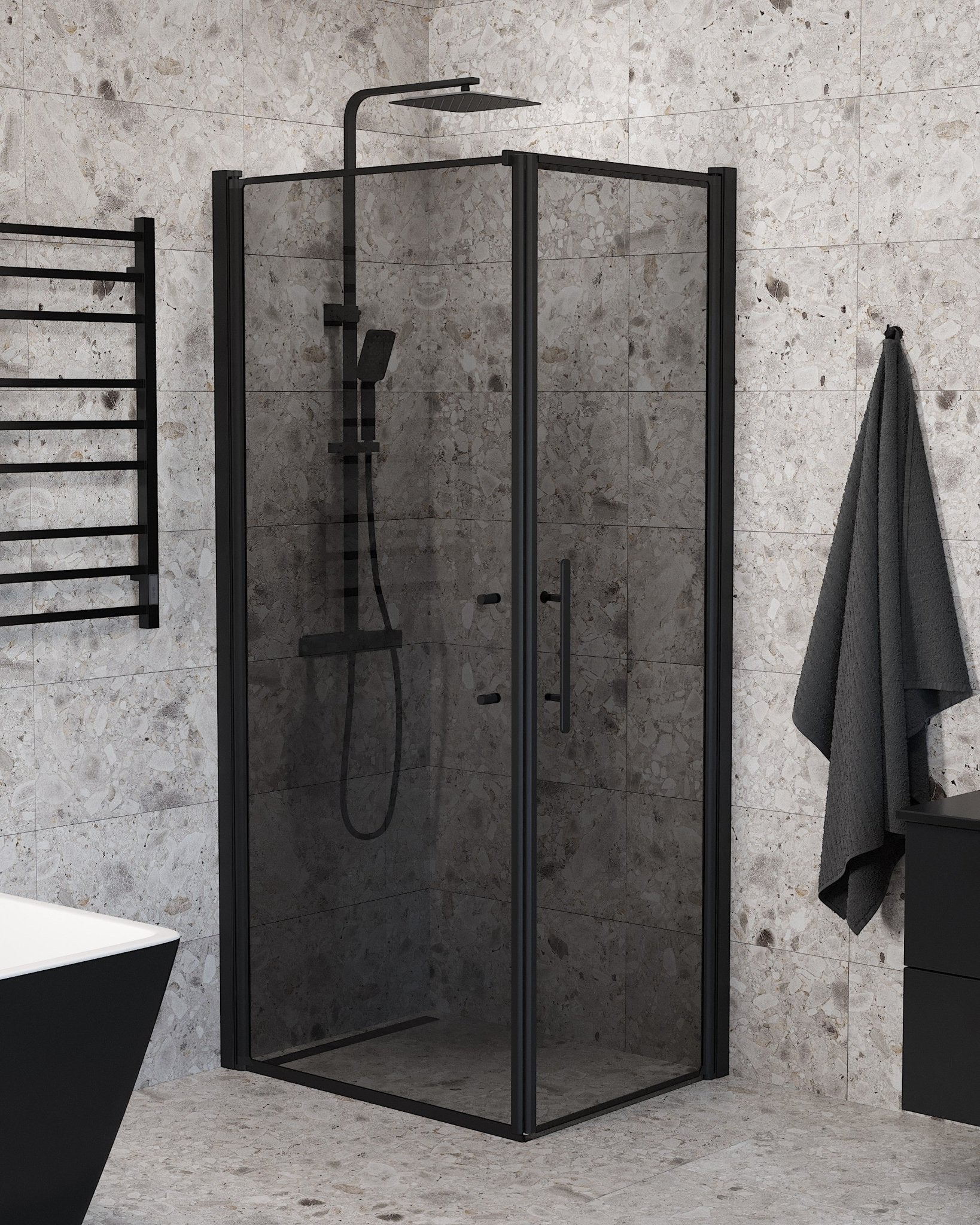 Vänern Duschhörn, Dörr + Vägg, Rökfärgat Glas, Svart Profil - Duschhörna - BATH DELUXE - PRESTIGE - 40 - 907 - 00 - 56 - 00 - BATHDELUXE SWEDEN