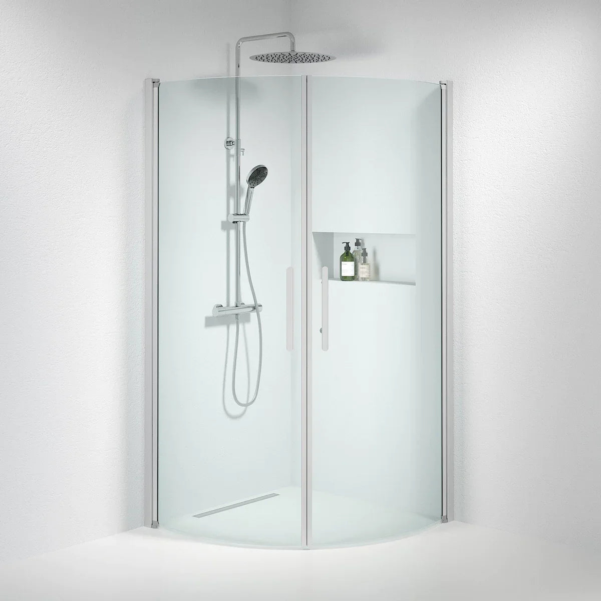 Vänern Duschhörn, Rund, Klarglas, Borstad Aluminium Profil - Duschhörna - BATH DELUXE - PRESTIGE - 35 - 101 - 67 - 50 - 00 - BATHDELUXE SWEDEN