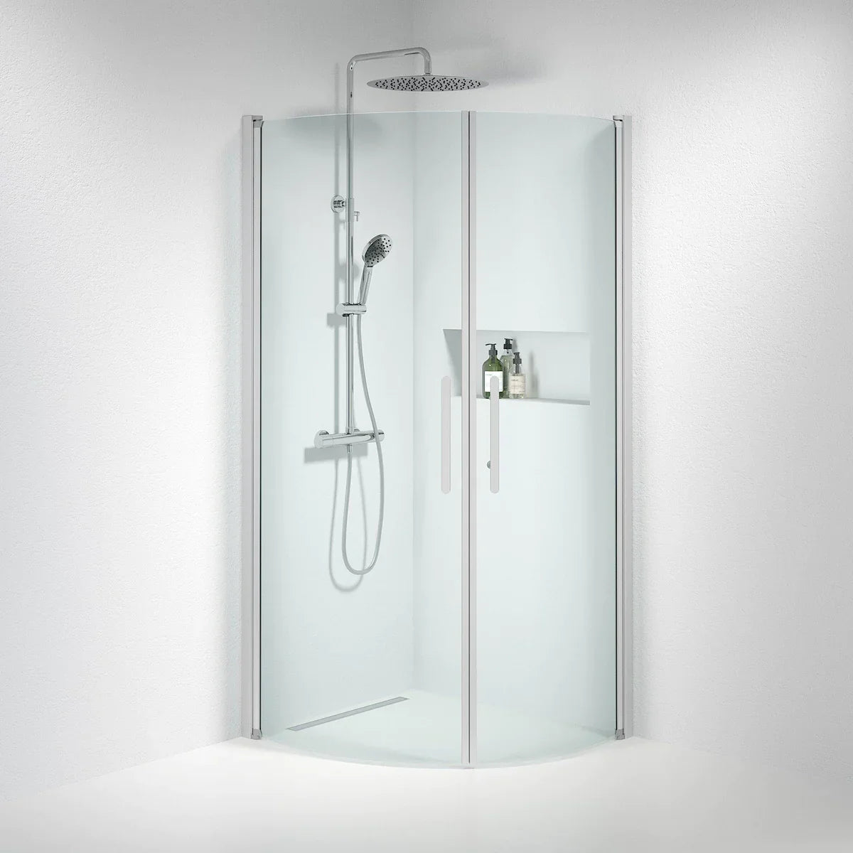 Vänern Duschhörn, Rund, Klarglas, Borstad Aluminium Profil - Duschhörna - BATH DELUXE - PRESTIGE - 35 - 801 - 67 - 50 - 00 - BATHDELUXE SWEDEN