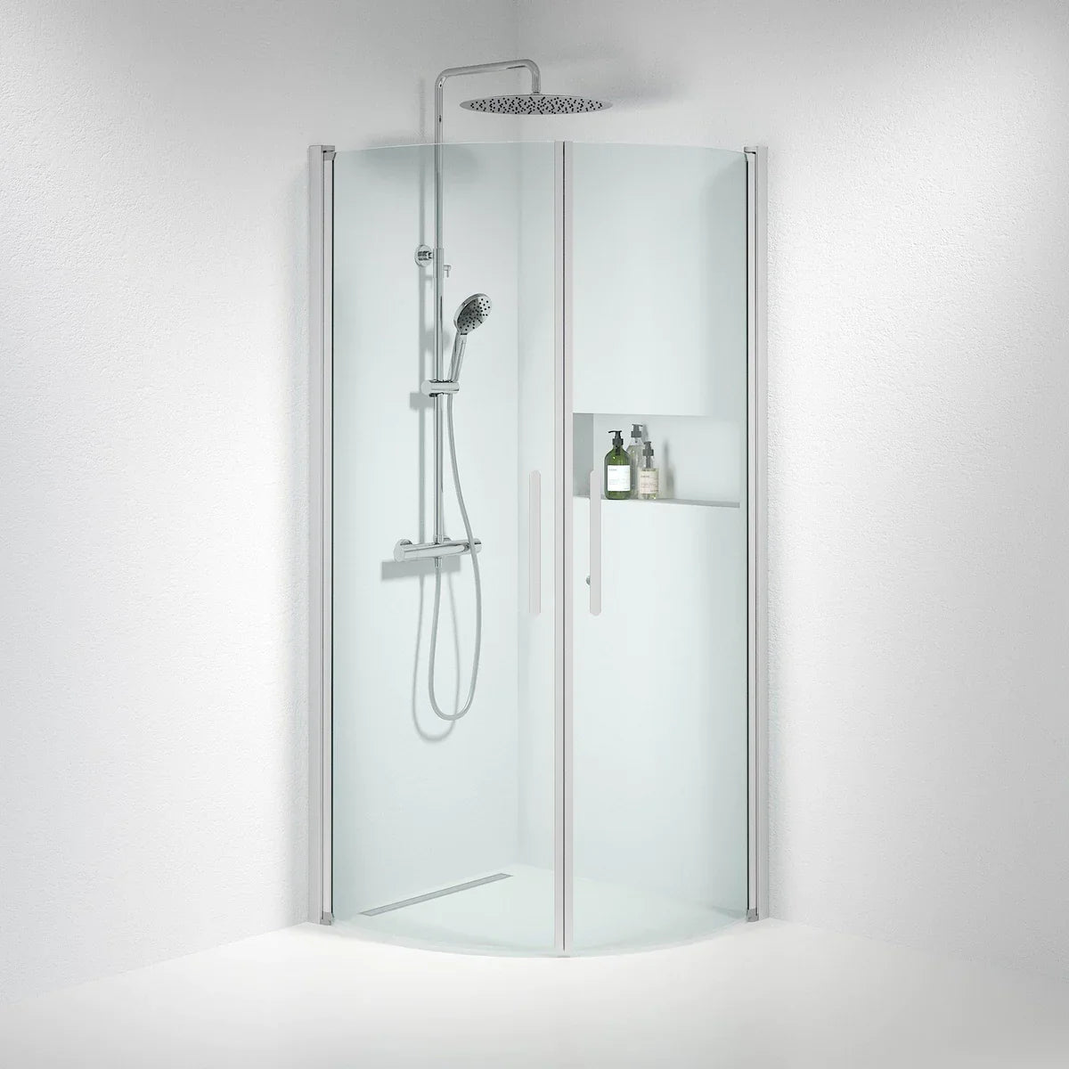 Vänern Duschhörn, Rund, Klarglas, Borstad Aluminium Profil - Duschhörna - BATH DELUXE - PRESTIGE - 35 - 809 - 67 - 50 - 00 - BATHDELUXE SWEDEN