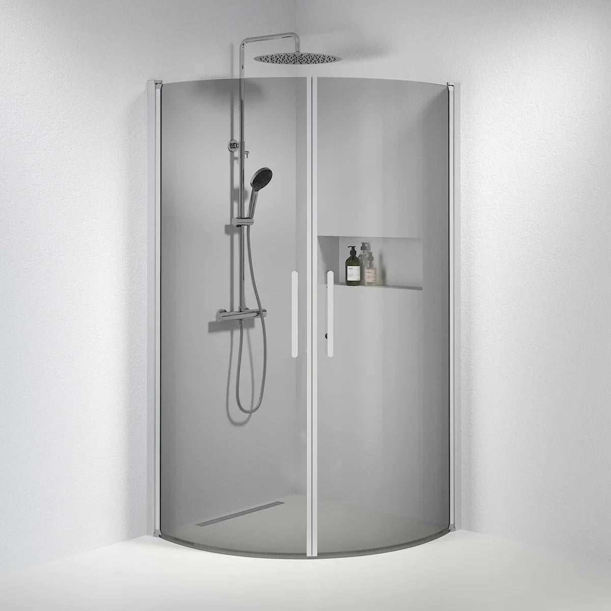 Vänern Duschhörn, Rund, Rökfärgat Glas, Borstad Aluminium Profil - Duschhörna - BATH DELUXE - PRESTIGE - 35 - 101 - 67 - 56 - 00 - BATHDELUXE SWEDEN