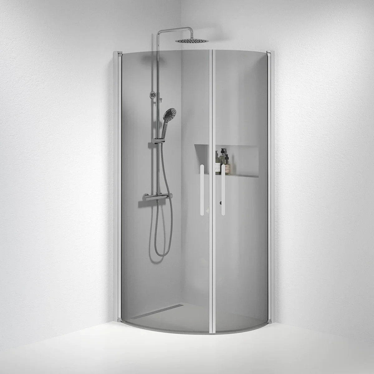 Vänern Duschhörn, Rund, Rökfärgat Glas, Borstad Aluminium Profil - Duschhörna - BATH DELUXE - PRESTIGE - 35 - 701 - 67 - 56 - 00 - BATHDELUXE SWEDEN
