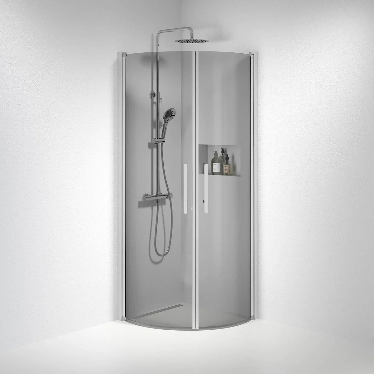 Vänern Duschhörn, Rund, Rökfärgat Glas, Borstad Aluminium Profil - Duschhörna - BATH DELUXE - PRESTIGE - 35 - 708 - 67 - 56 - 00 - BATHDELUXE SWEDEN