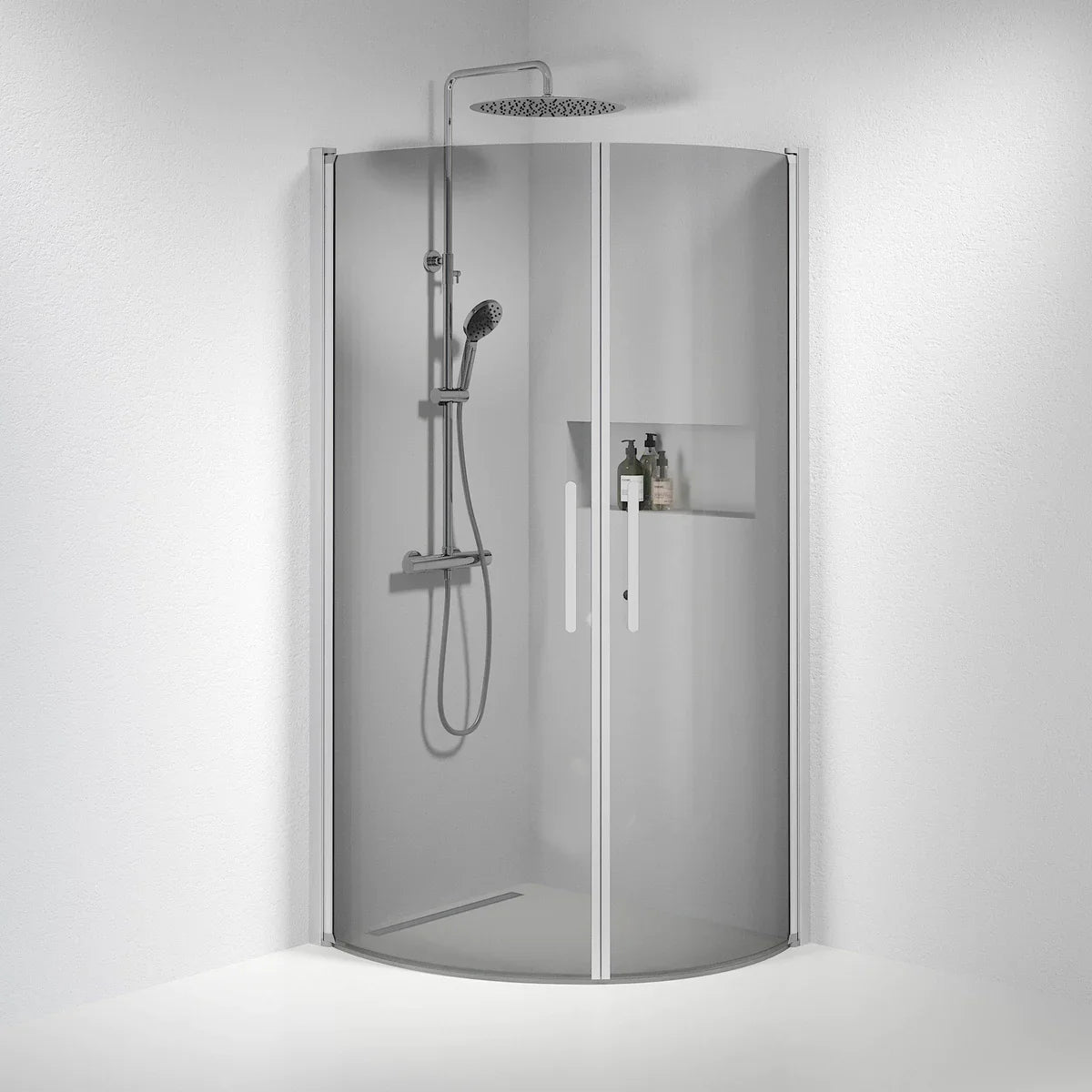 Vänern Duschhörn, Rund, Rökfärgat Glas, Borstad Aluminium Profil - Duschhörna - BATH DELUXE - PRESTIGE - 35 - 801 - 67 - 56 - 00 - BATHDELUXE SWEDEN