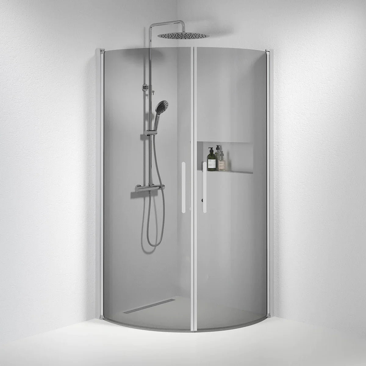 Vänern Duschhörn, Rund, Rökfärgat Glas, Borstad Aluminium Profil - Duschhörna - BATH DELUXE - PRESTIGE - 35 - 901 - 67 - 56 - 00 - BATHDELUXE SWEDEN