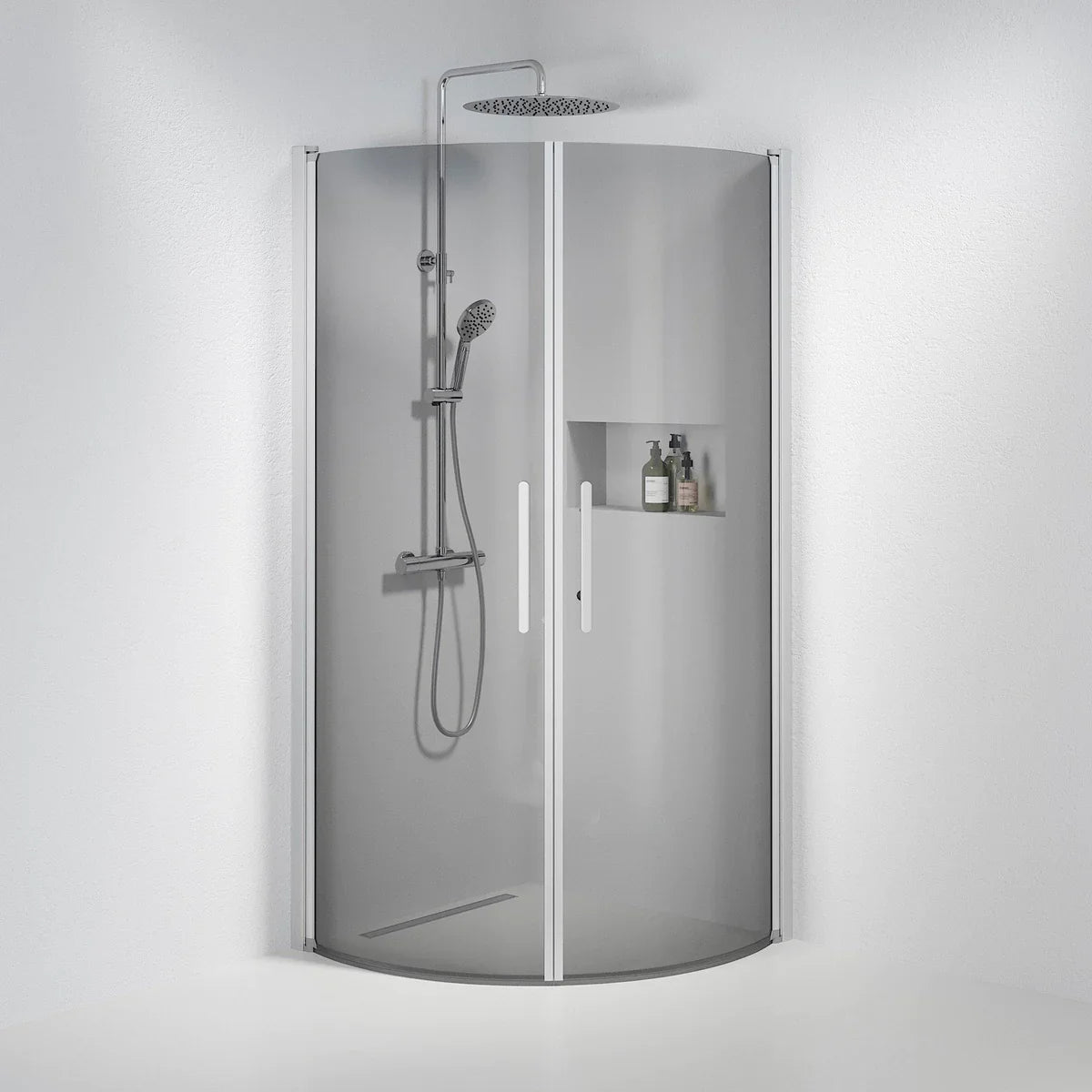 Vänern Duschhörn, Rund, Rökfärgat Glas, Borstad Aluminium Profil - Duschhörna - BATH DELUXE - PRESTIGE - 35 - 909 - 67 - 56 - 00 - BATHDELUXE SWEDEN